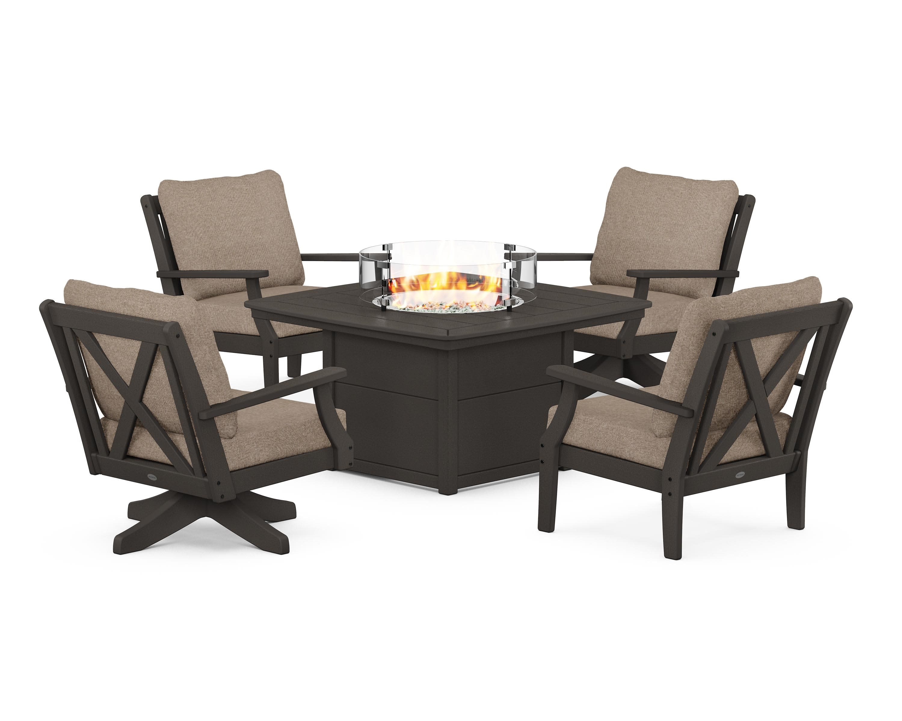 Braxton 5-Piece Deep Seating Set with Fire Table in Vintage Coffee / Spiced Burlap