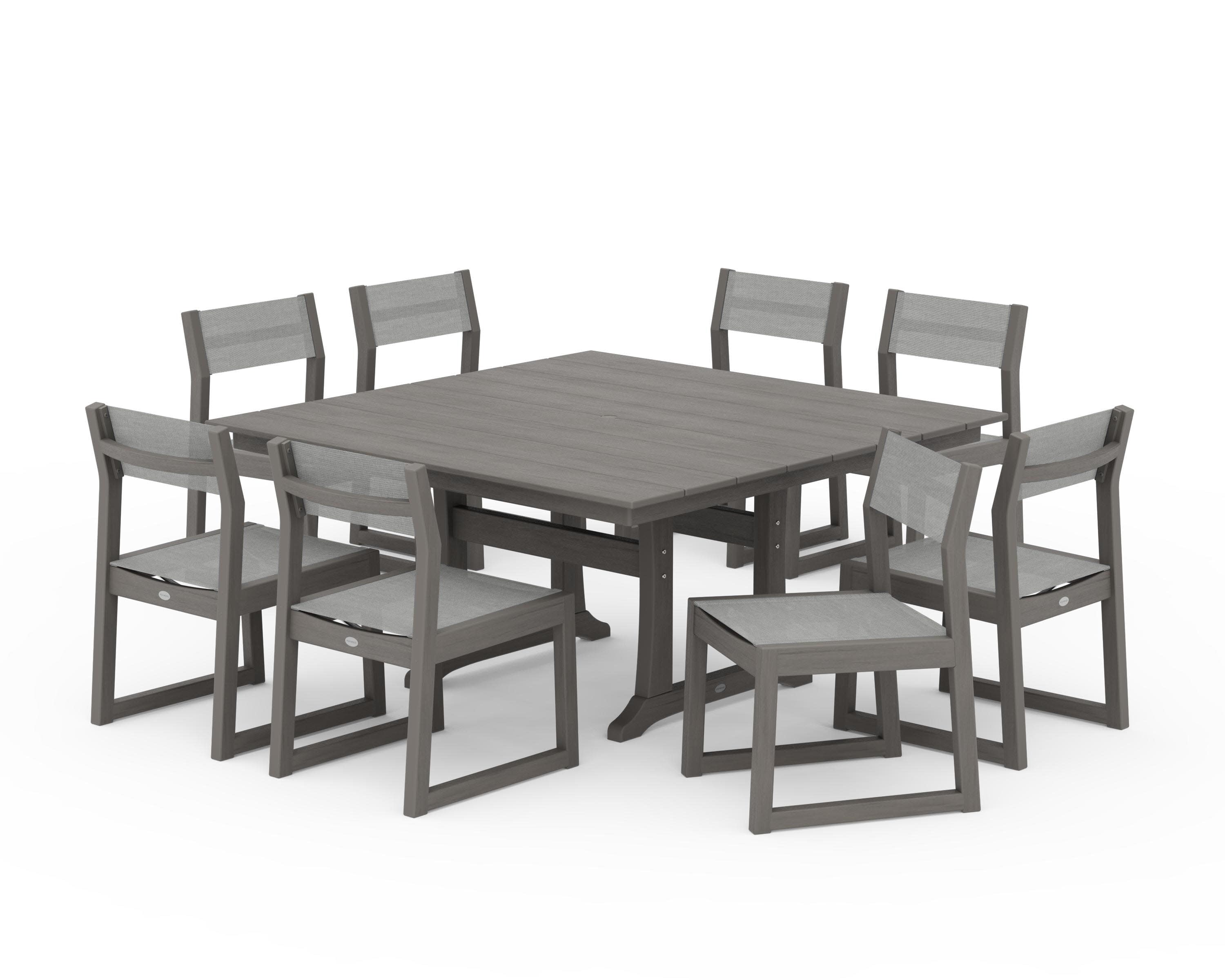 EDGE Sling Side Chair 9-Piece Farmhouse Trestle Dining Set in Driftwood / Metallic Sling