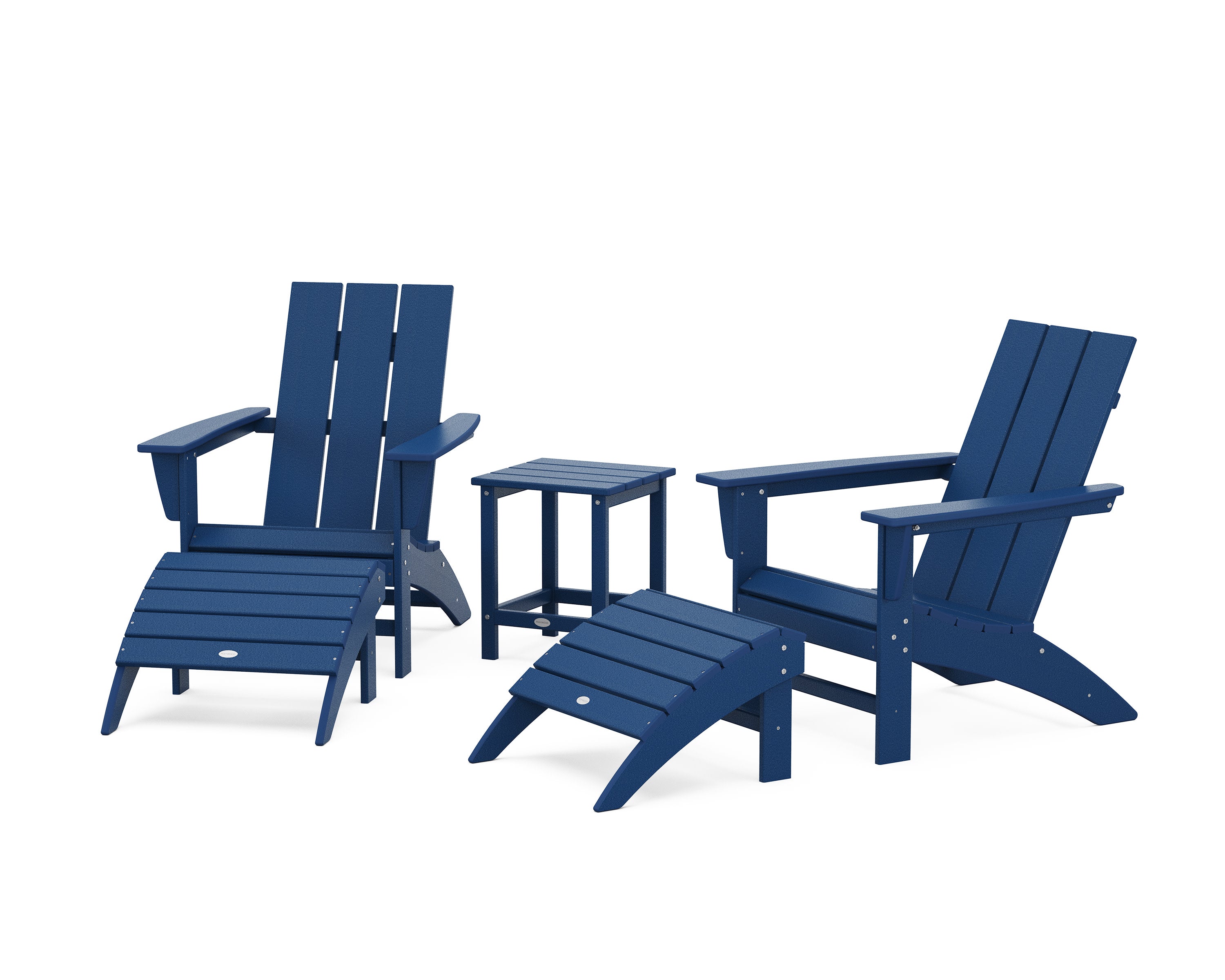 Modern Adirondack Chair 5-Piece Set with Ottomans and 18" Side Table in Navy