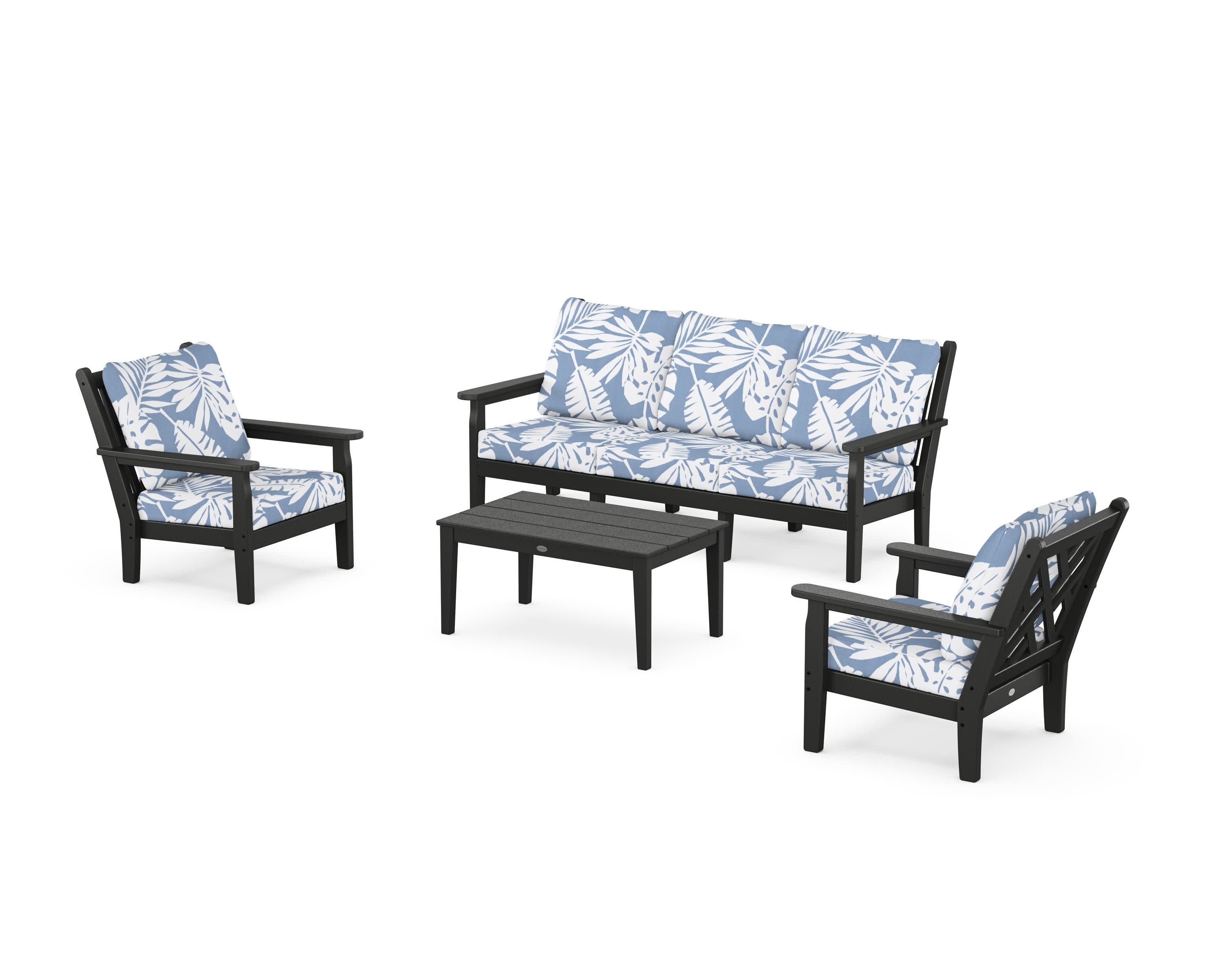 Chippendale 4-Piece Deep Seating Set with Sofa in Black / Leaf Sky Blue