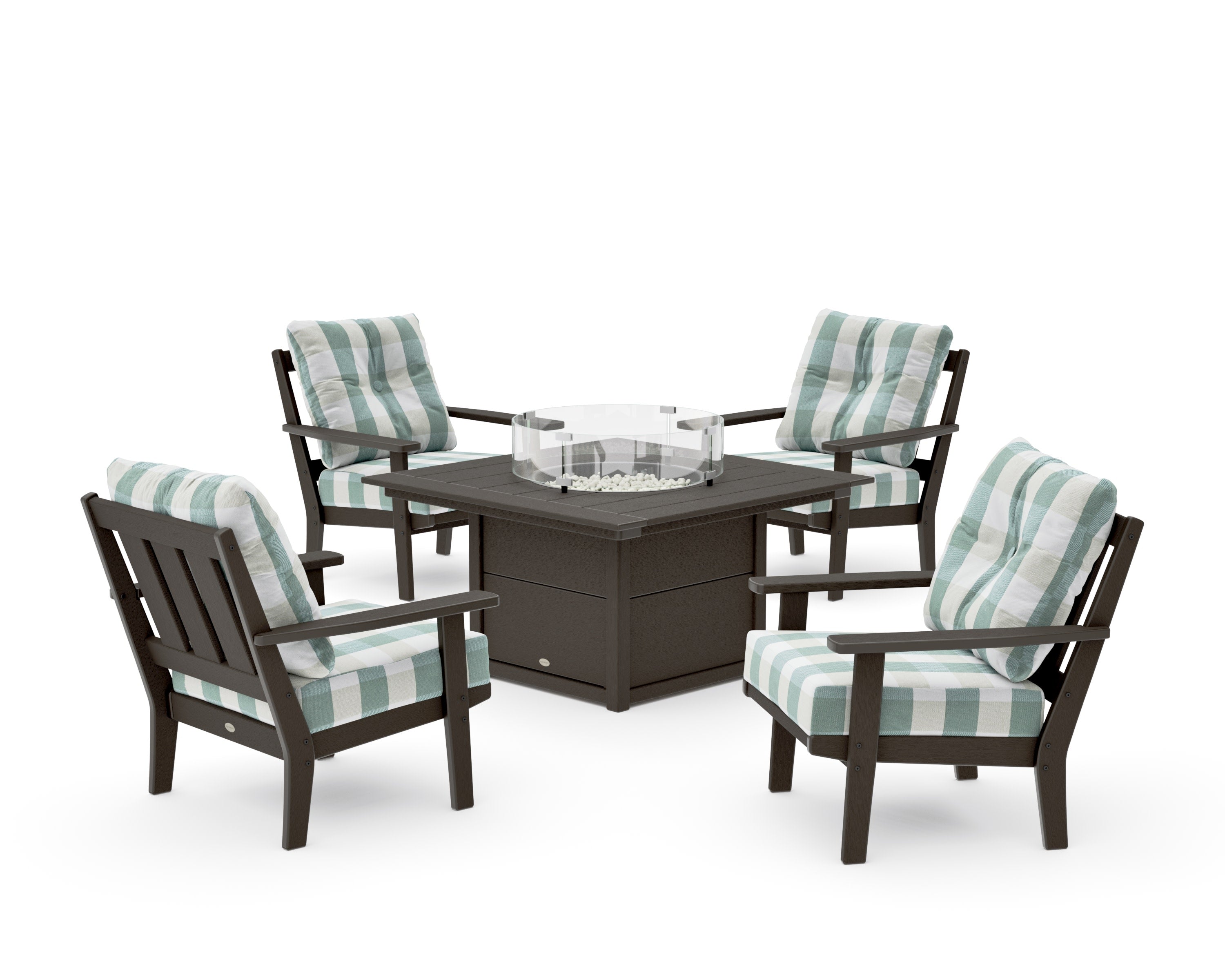 Oxford 5-Piece Deep Seating Set with Fire Pit Table in Vintage Coffee / Buffalo Plaid Glacier Spa
