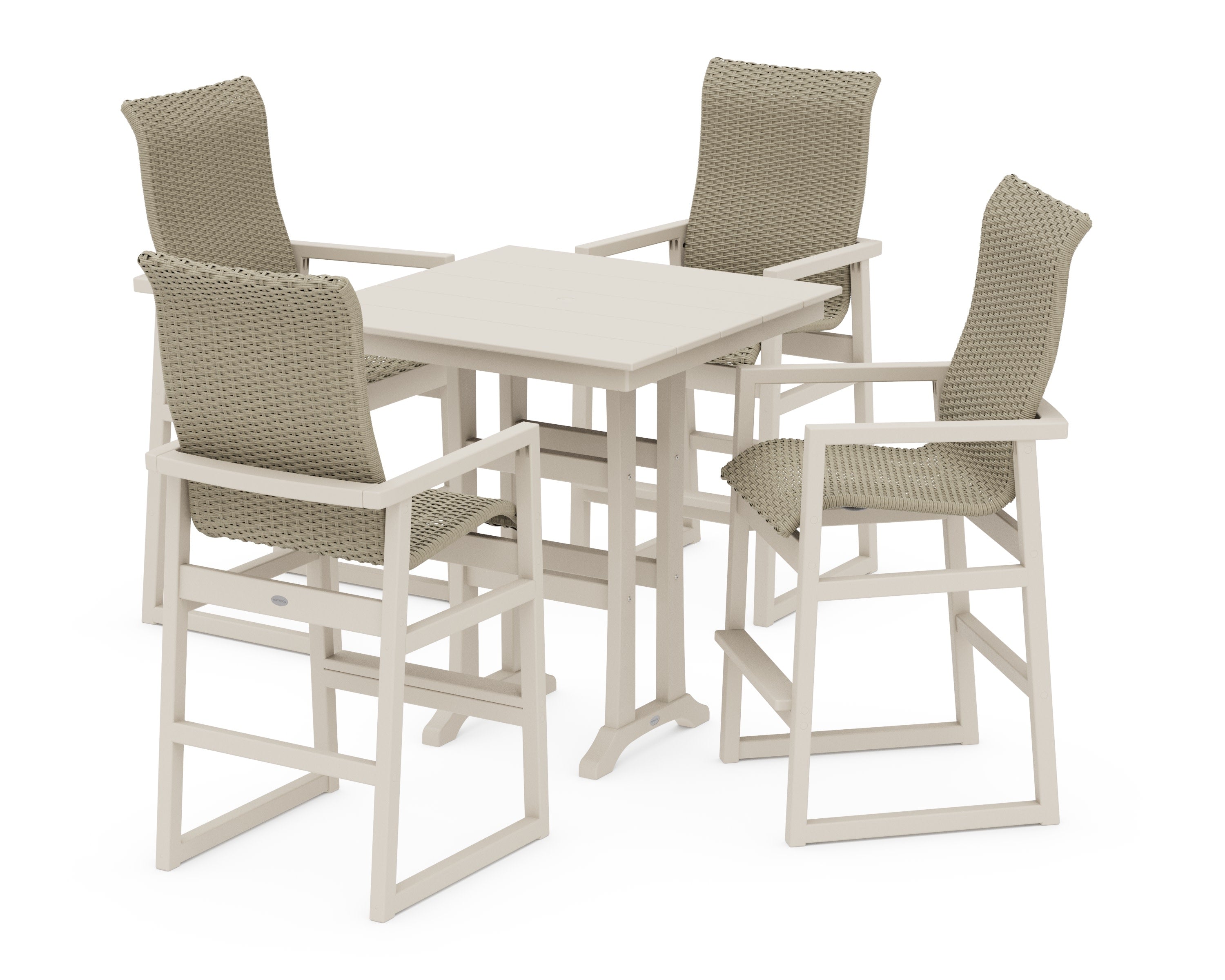 EDGE Woven Highback 5-Piece Farmhouse Bar Set with Trestle Legs in Sand / Dune Grass