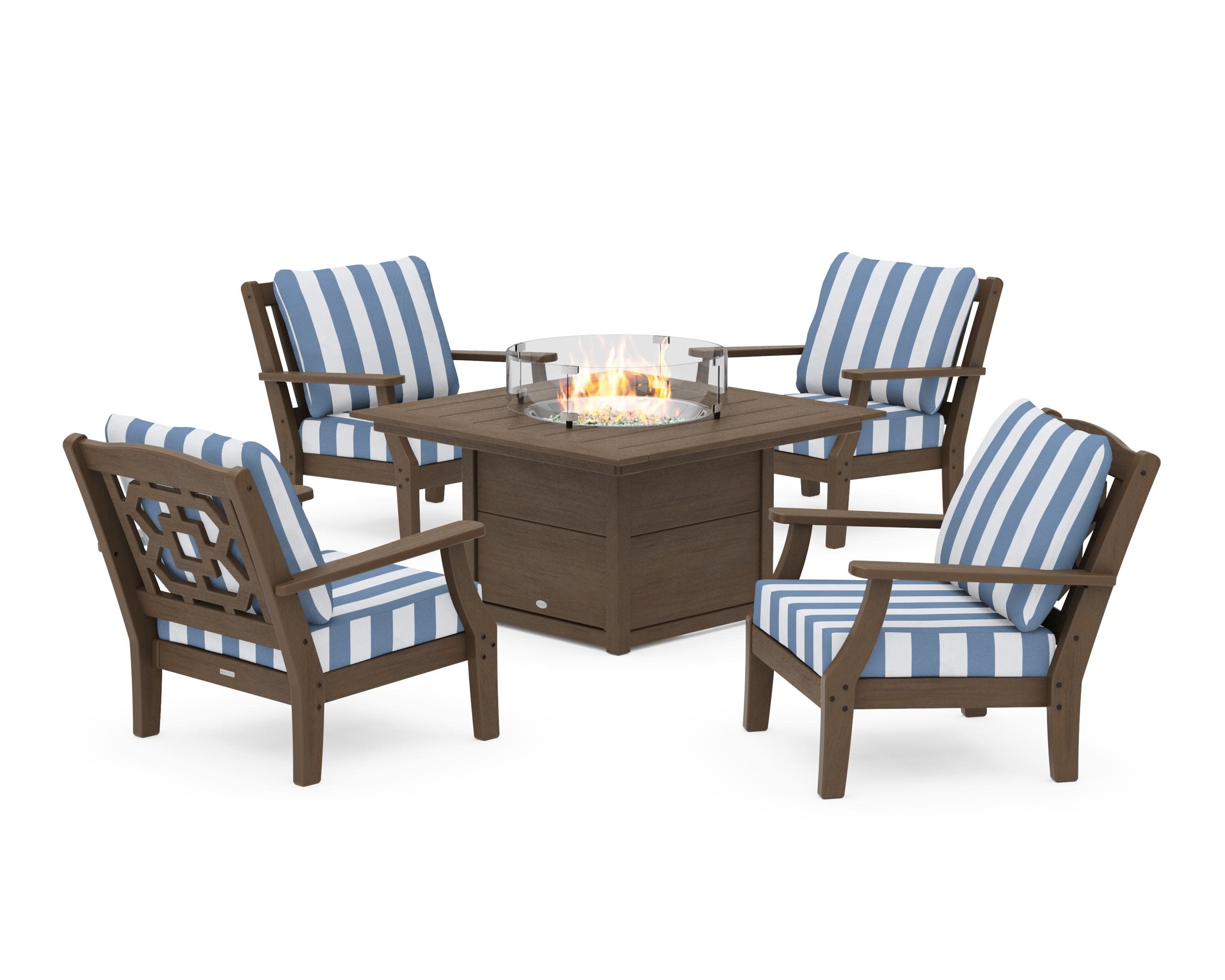 Chinoiserie 5-Piece Deep Seating Set with Fire Pit Table in Kona / Cabana Stripe Sky Blue