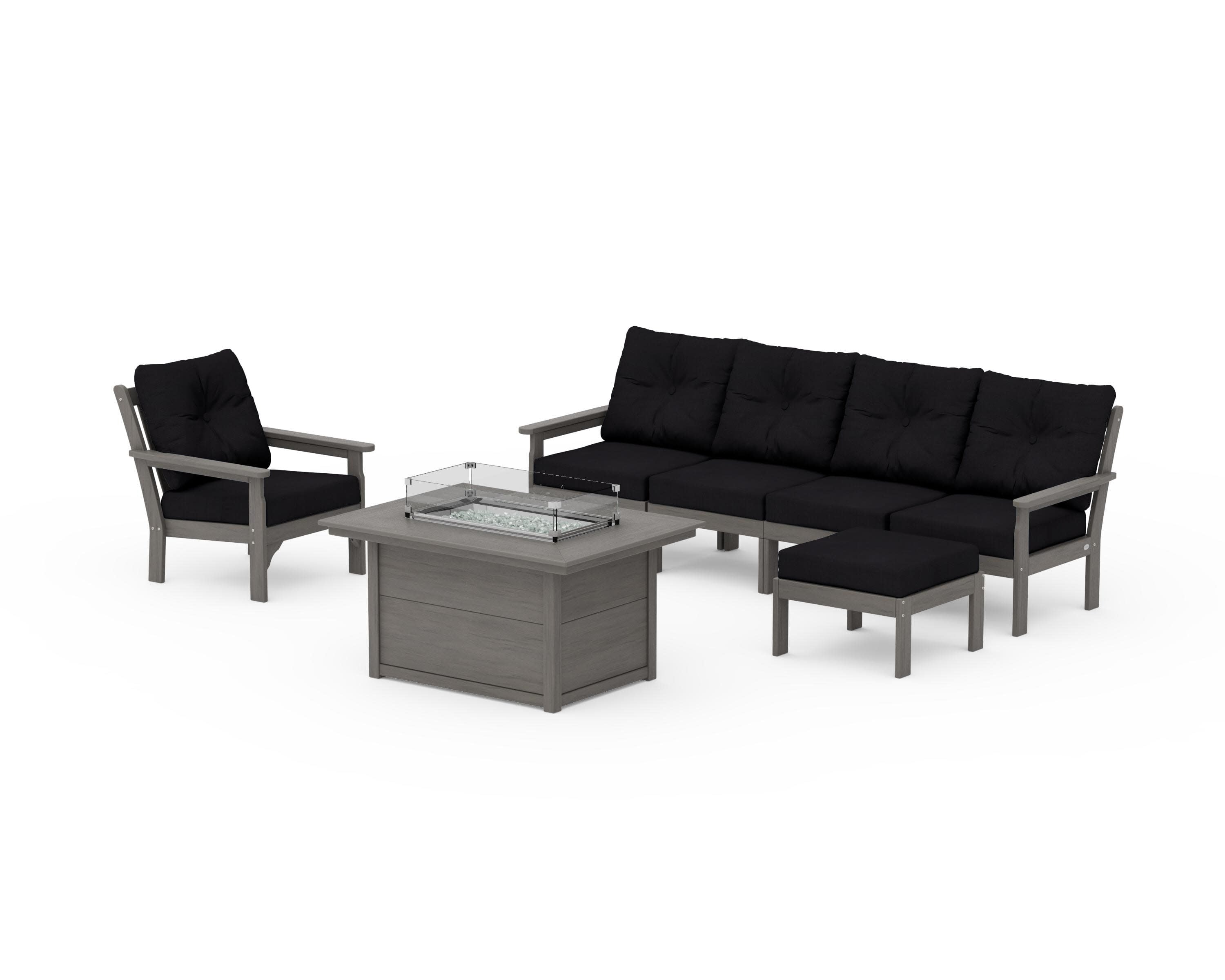 Vineyard Sectional Lounge and Fire Pit Set in Driftwood / Midnight Linen