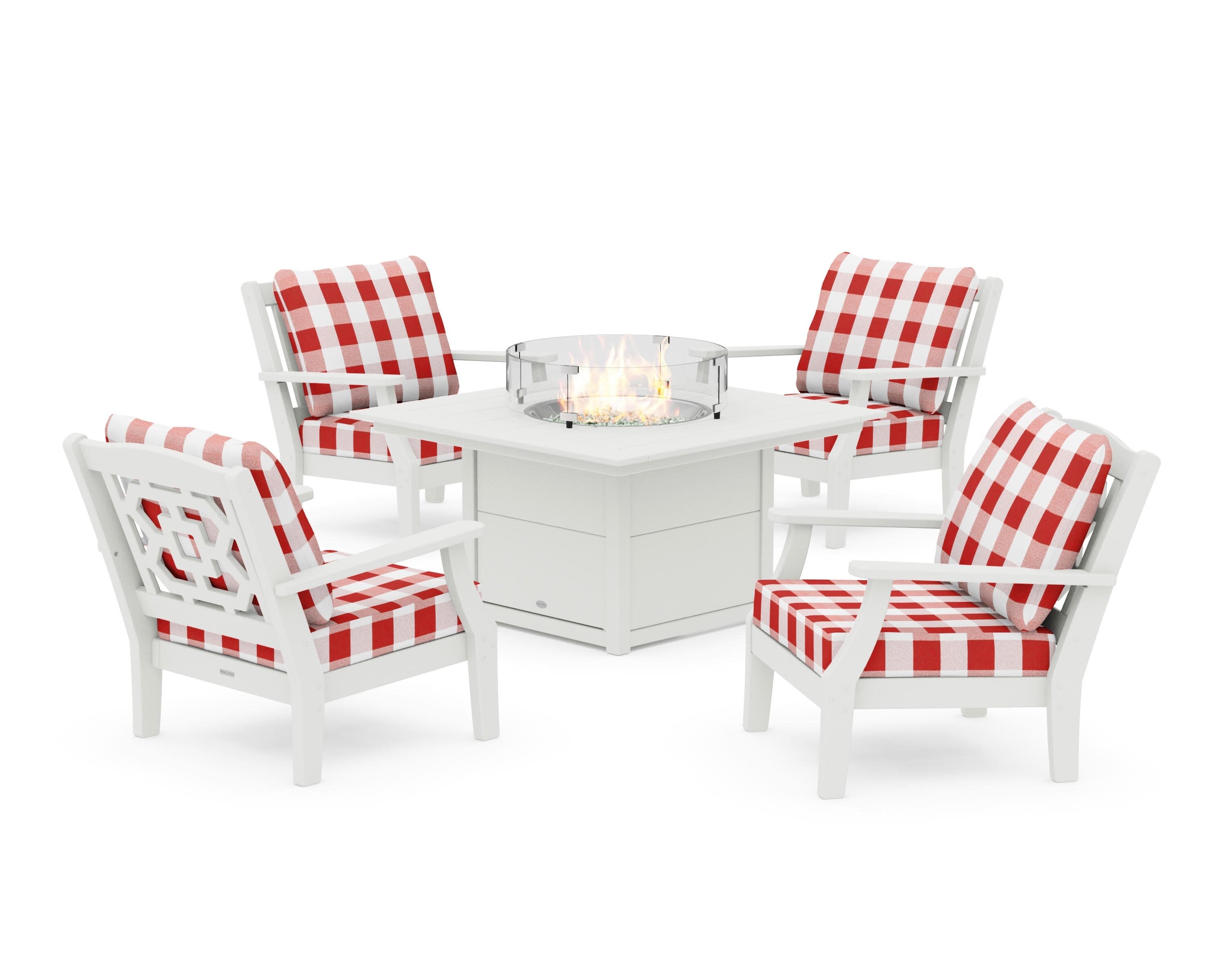 Chinoiserie 5-Piece Deep Seating Set with Fire Pit Table in Vintage White / Buffalo Plaid Crimson