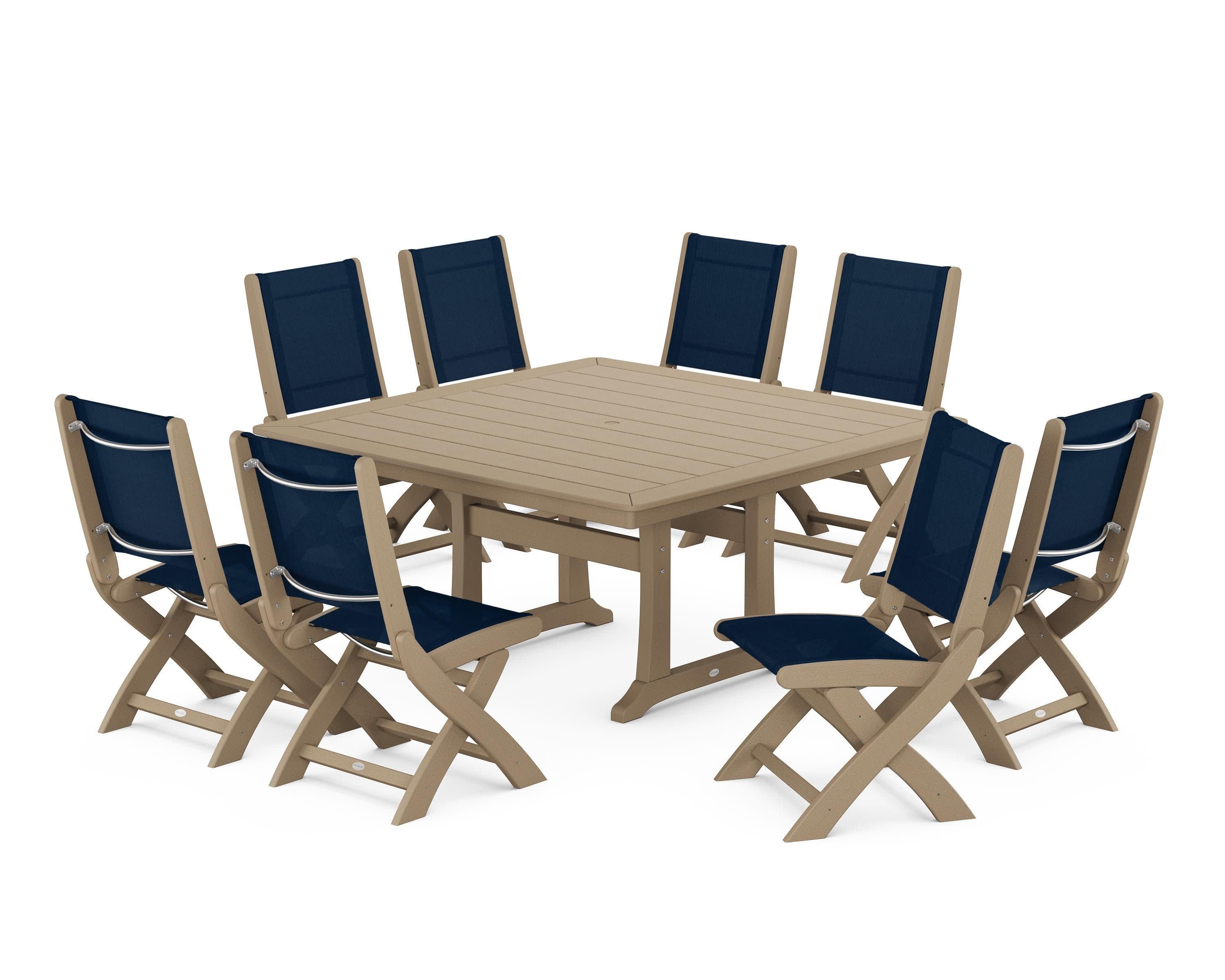 Coastal Folding Side Chair 9-Piece Dining Set with Trestle Legs in Vintage Sahara / Navy Blue Sling