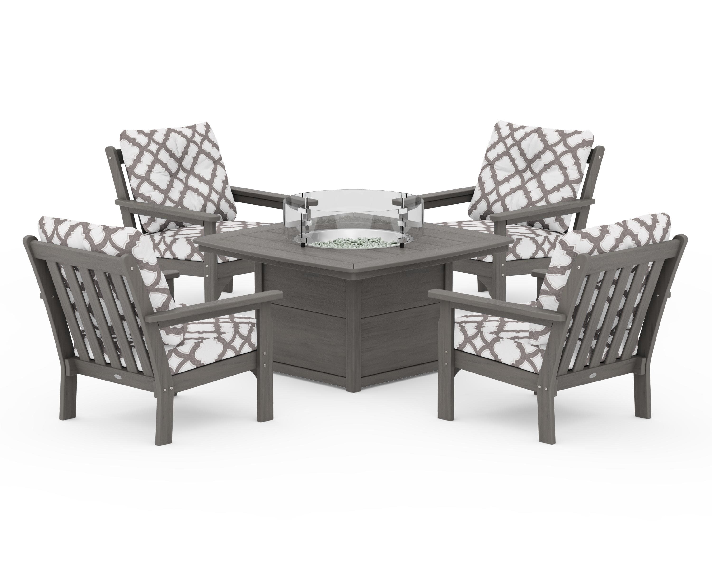 Vineyard 5-Piece Conversation Set with Fire Pit Table in Driftwood / Trellis Grey Mist