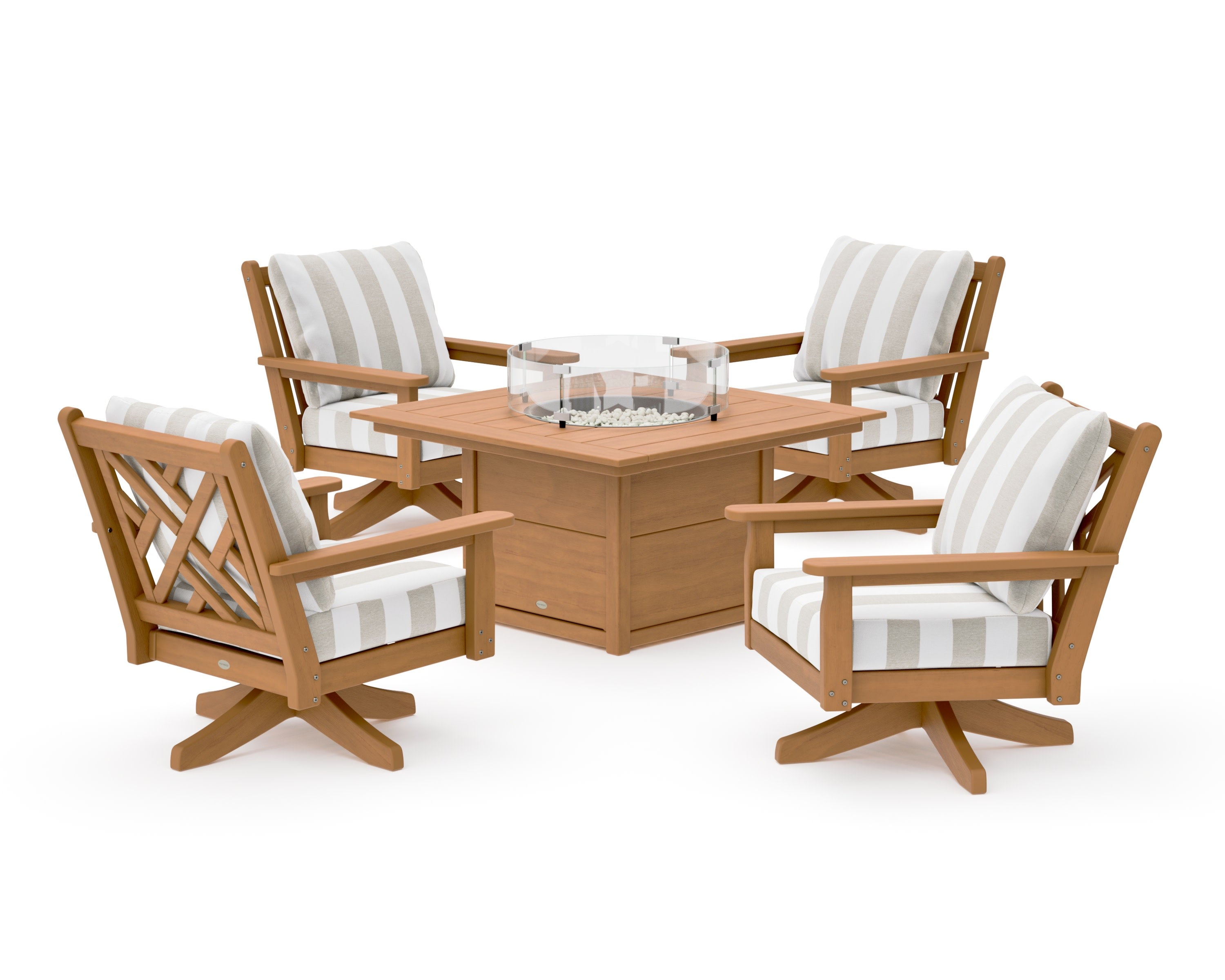 Chippendale 5-Piece Deep Seating Swivel Conversation Set with Fire Pit Table in Natural / Cabana Stripe Dune Burlap