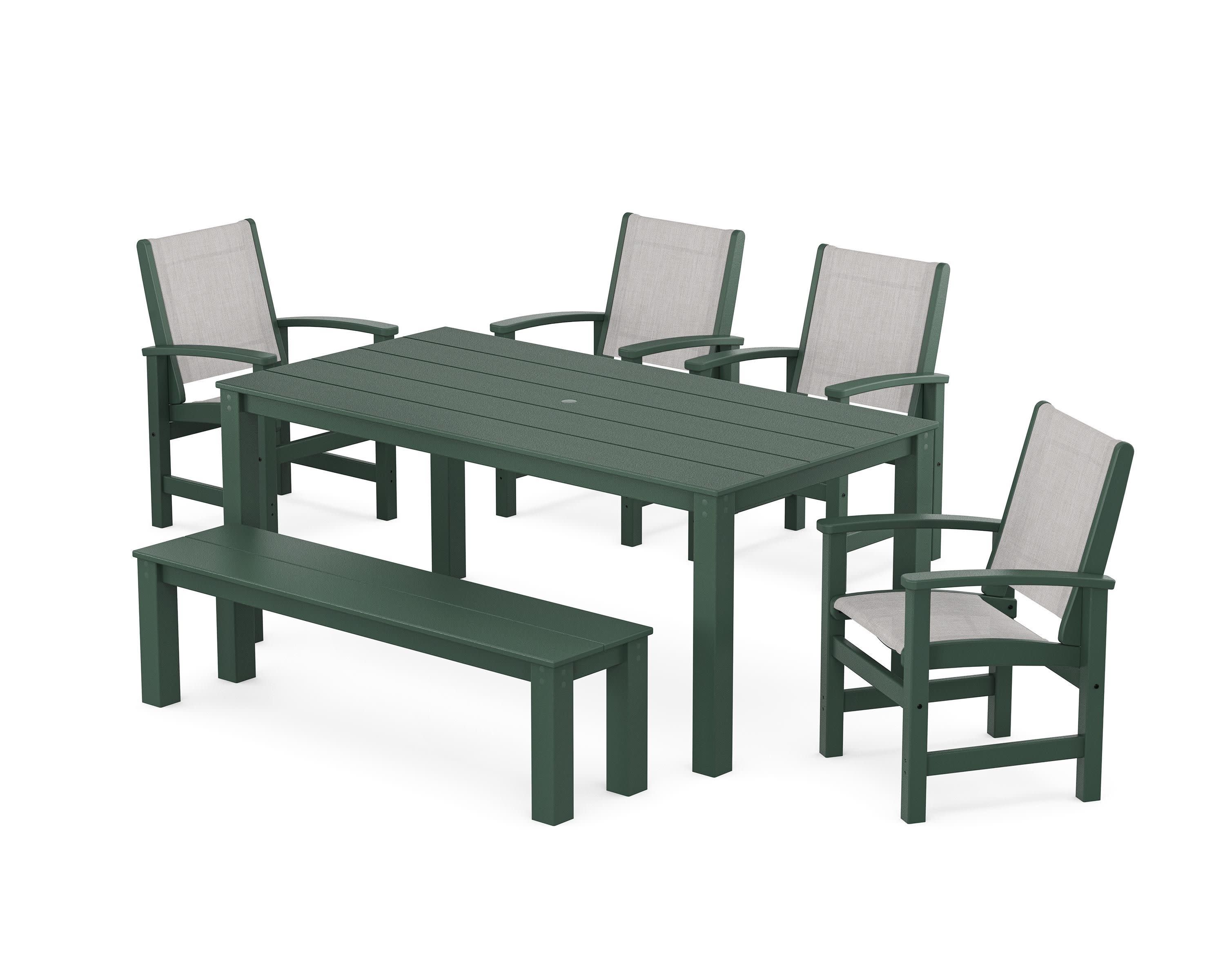 Coastal 6-Piece Parsons Dining Set with Bench in Green / Parchment Sling