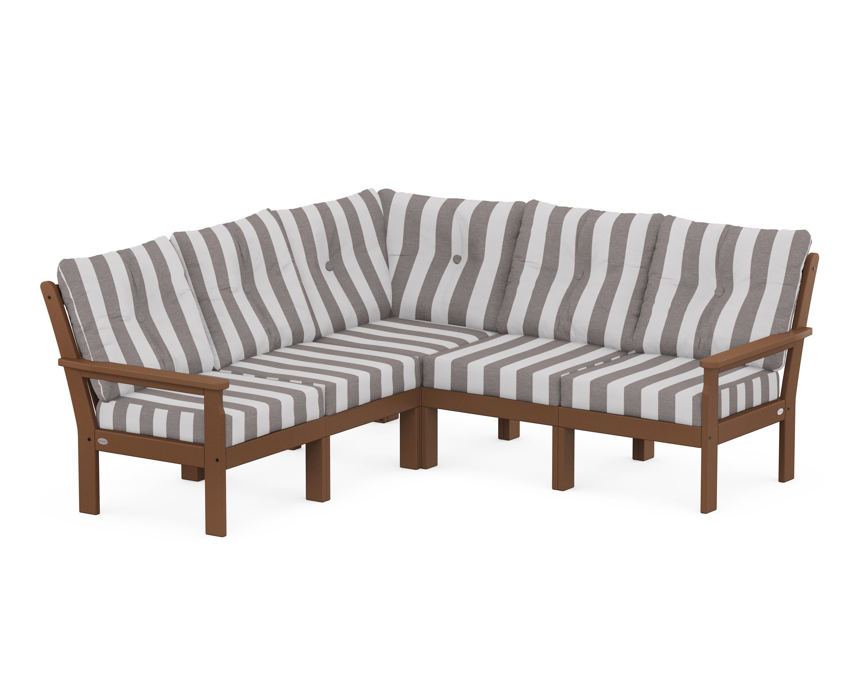 Vineyard 5-Piece Sectional in Teak / Cabana Stripe Grey Mist