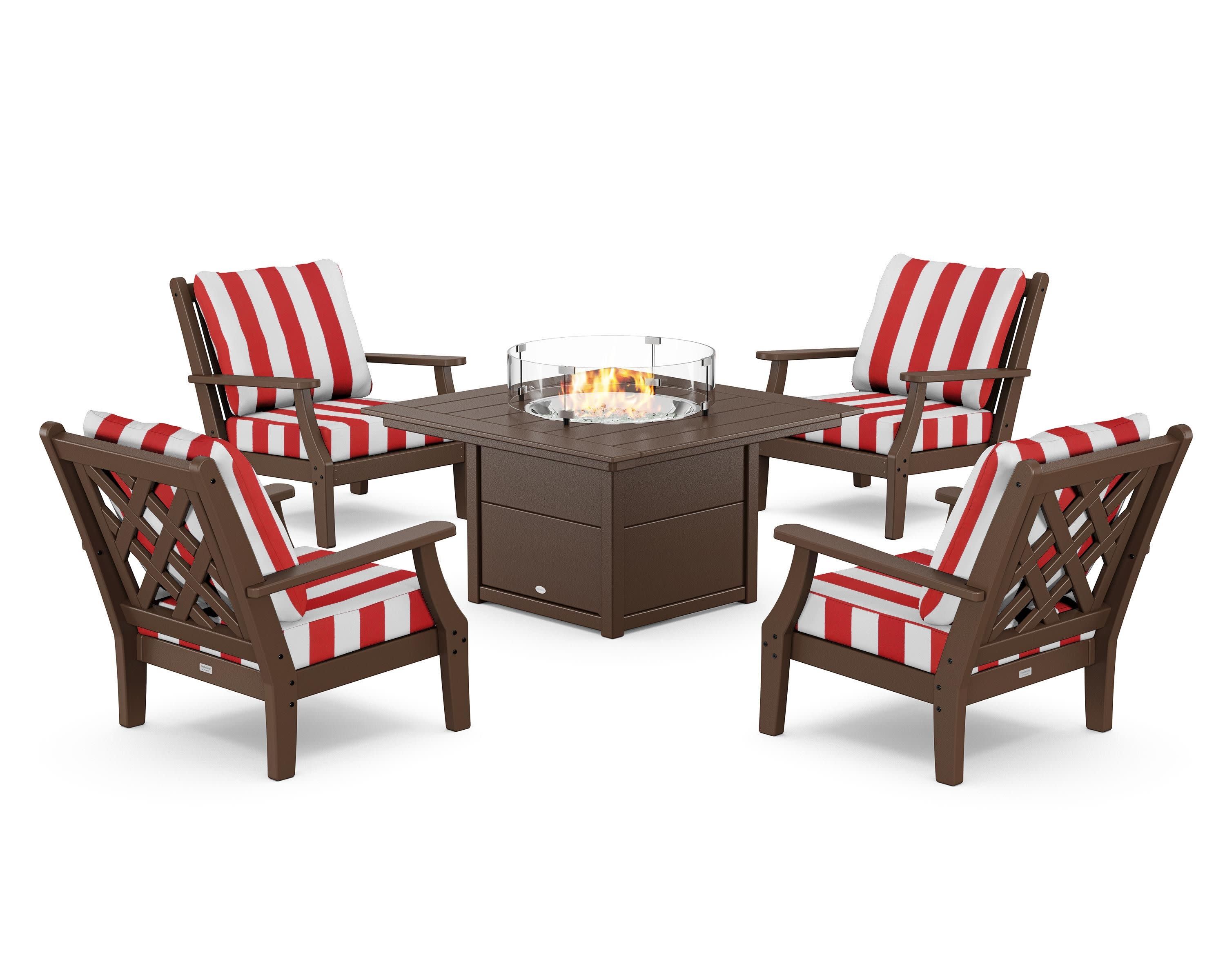 Wovendale 5-Piece Deep Seating Set with Fire Pit Table in Mahogany / Cabana Stripe Crimson