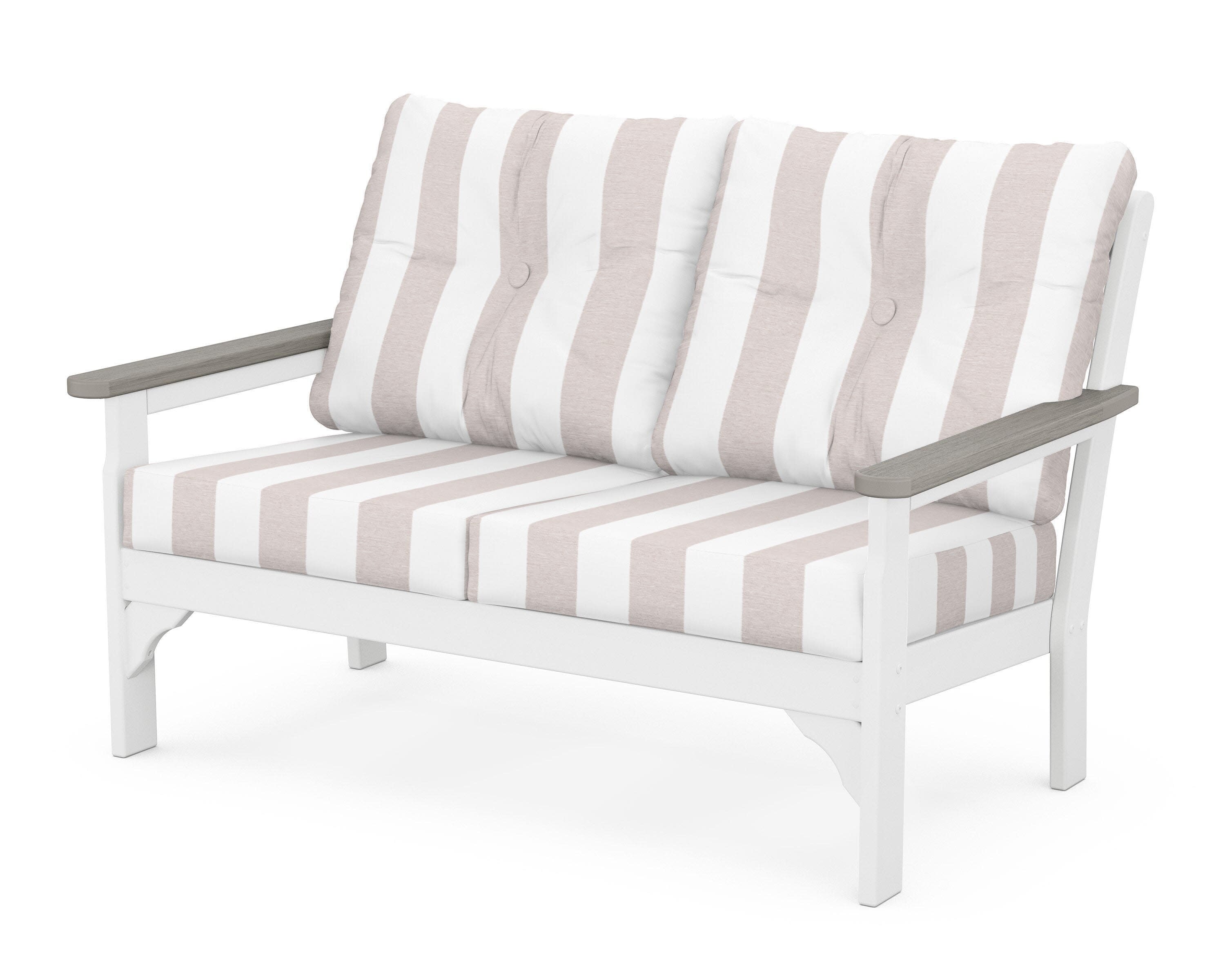 Vineyard Deep Seating Loveseat in White / Driftwood / Cabana Stripe Dune Burlap