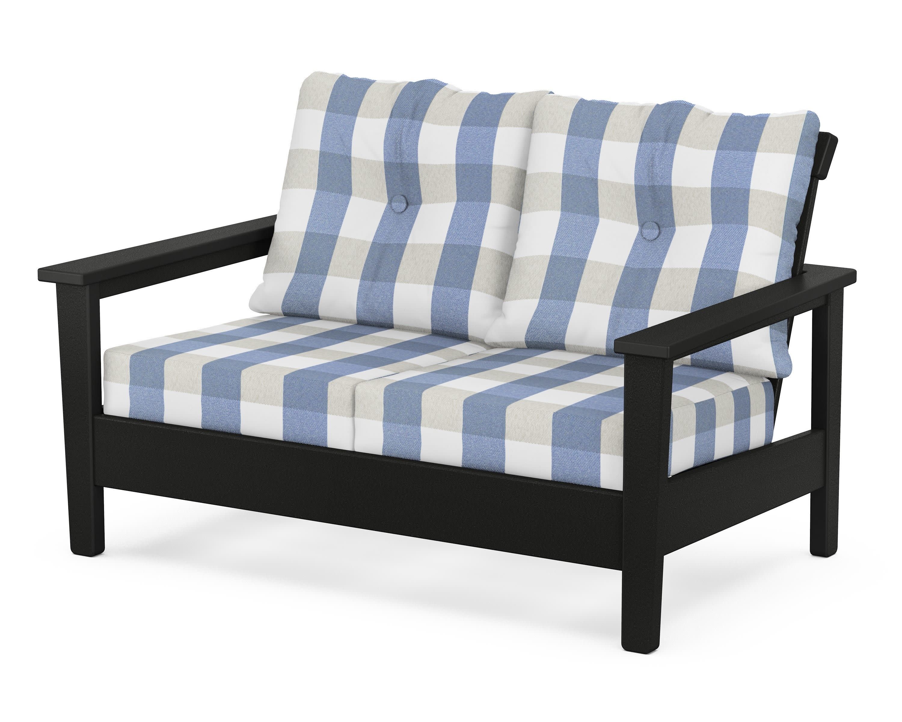 Prescott Deep Seating Loveseat in Black / Buffalo Plaid Sky Blue