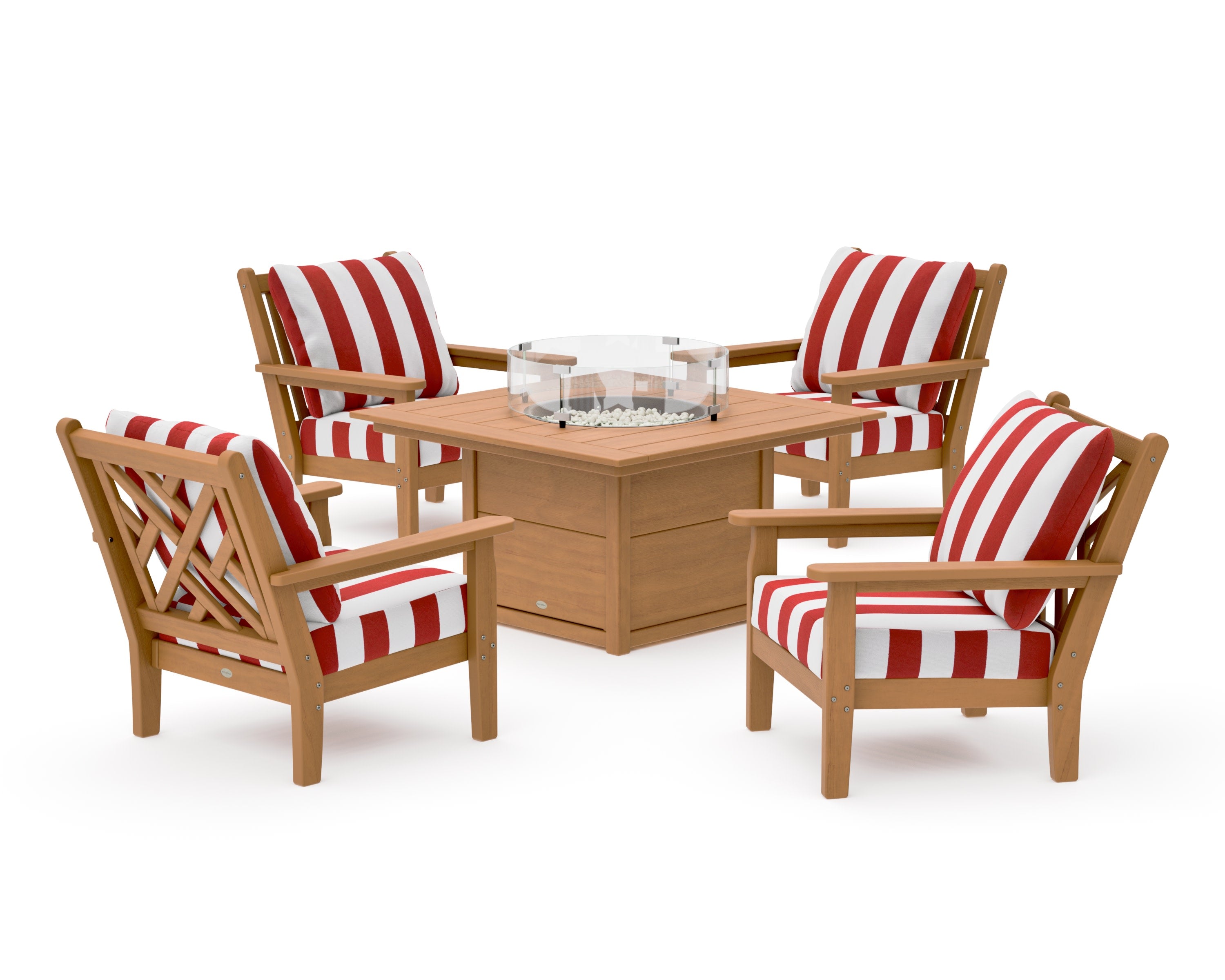 Chippendale 5-Piece Deep Seating Set with Fire Pit Table in Natural / Cabana Stripe Crimson