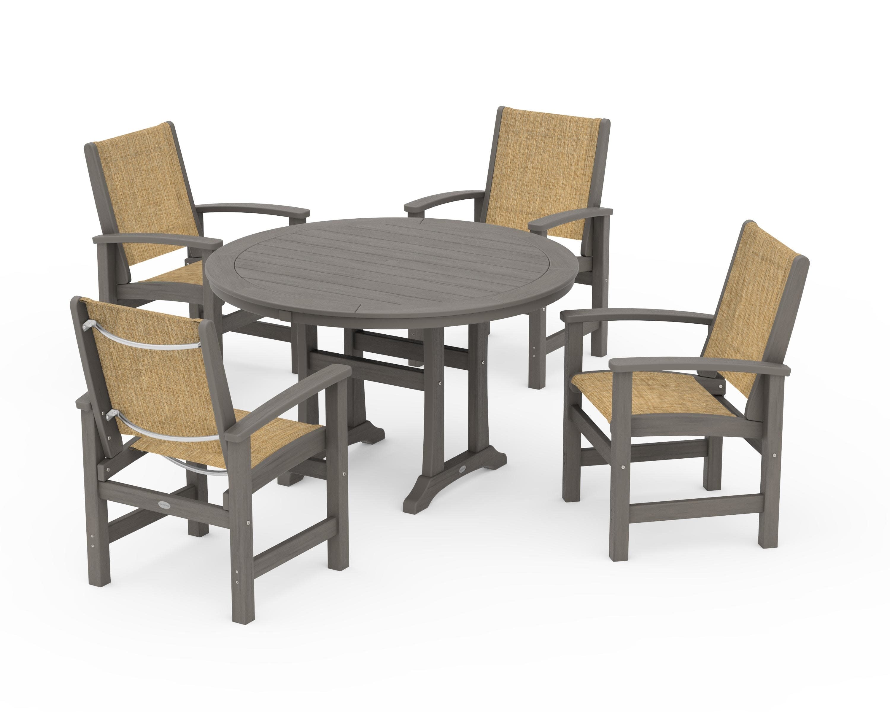 Coastal 5-Piece Round Dining Set with Trestle Legs in Driftwood / Burlap Sling
