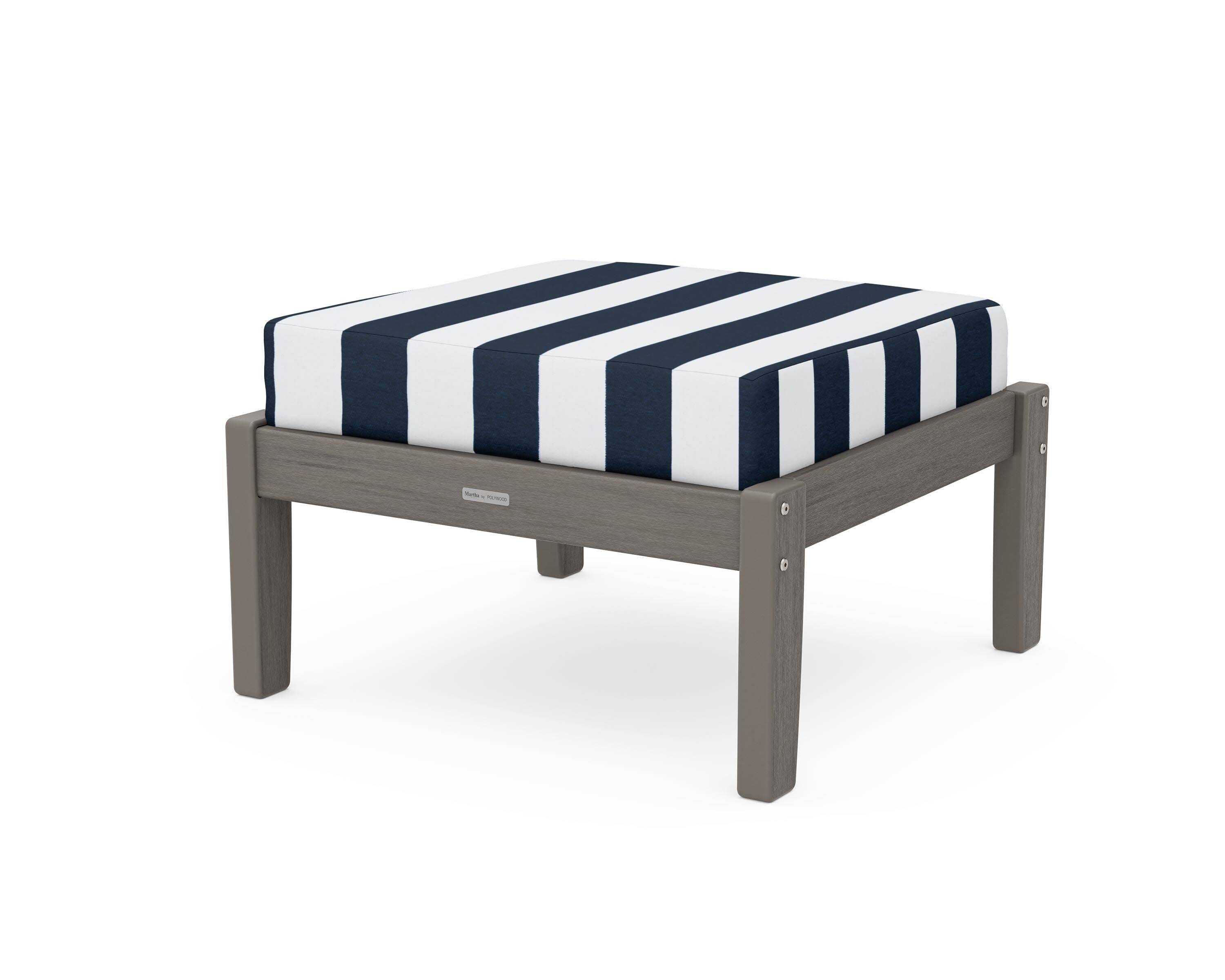 Chinoiserie Deep Seating Ottoman in Driftwood / Cabana Stripe Marine Indigo