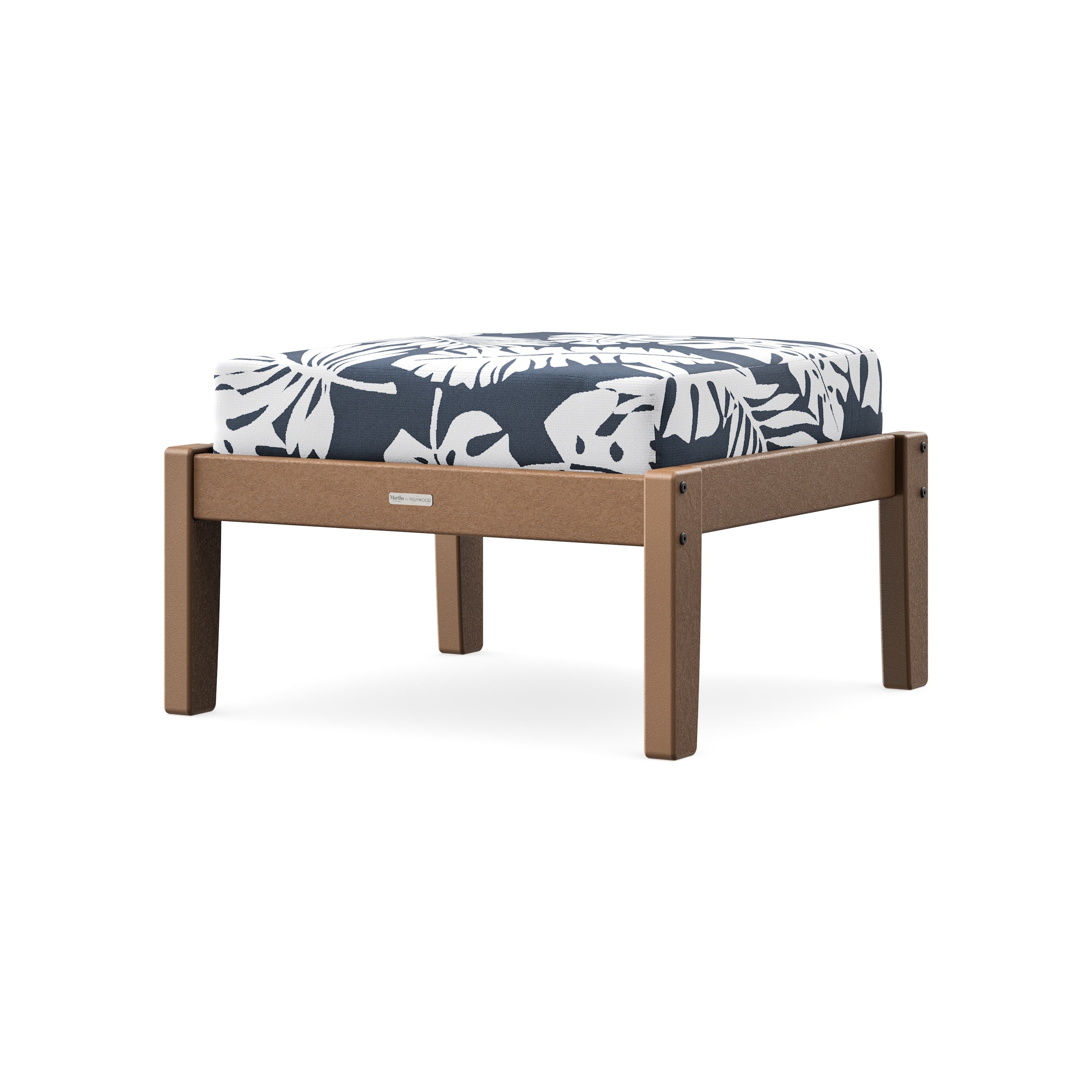 Chinoiserie Deep Seating Ottoman in Teak / Leaf Marine Indigo