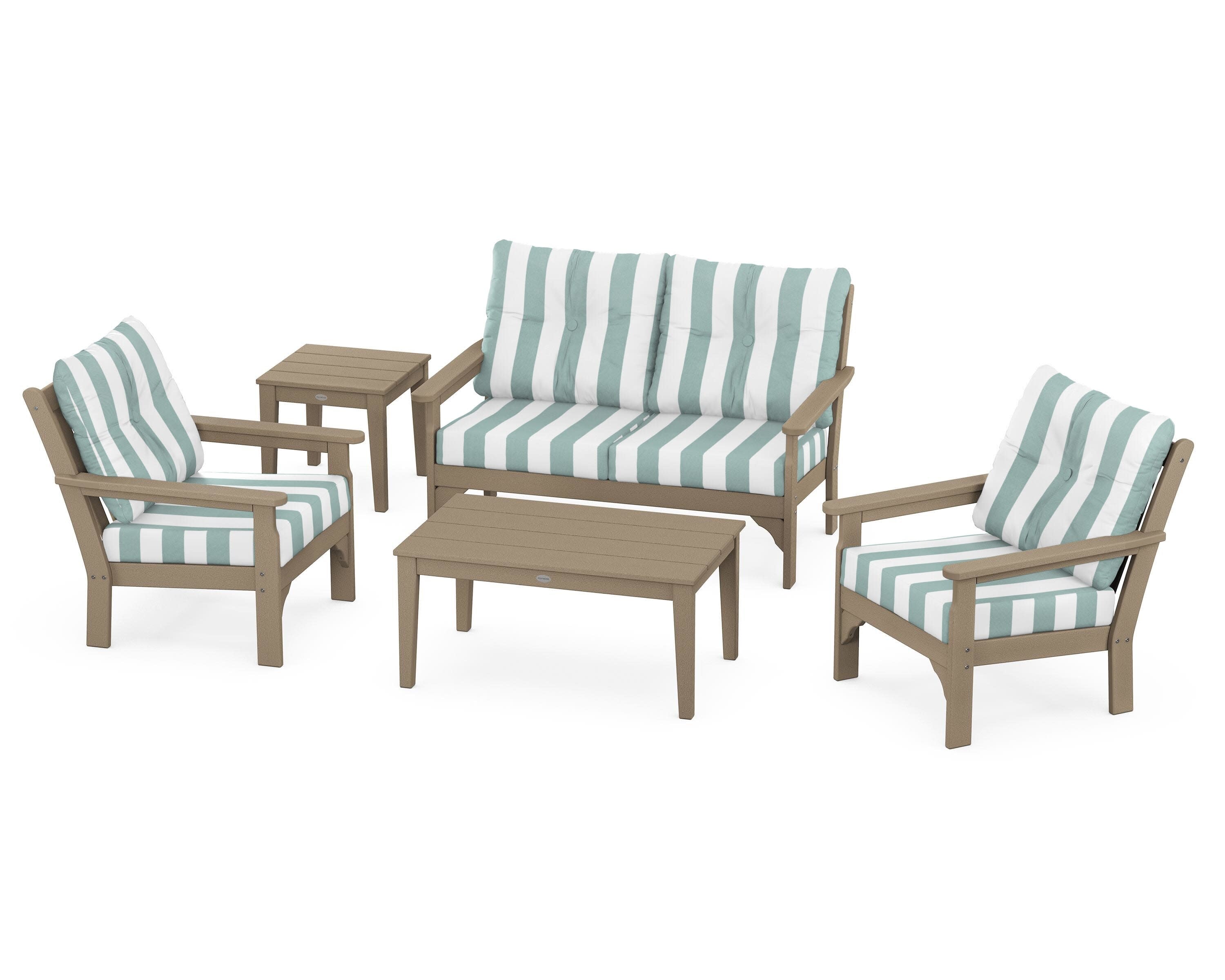 Vineyard 5-Piece Deep Seating Set in Vintage Sahara / Cabana Stripe Glacier Spa