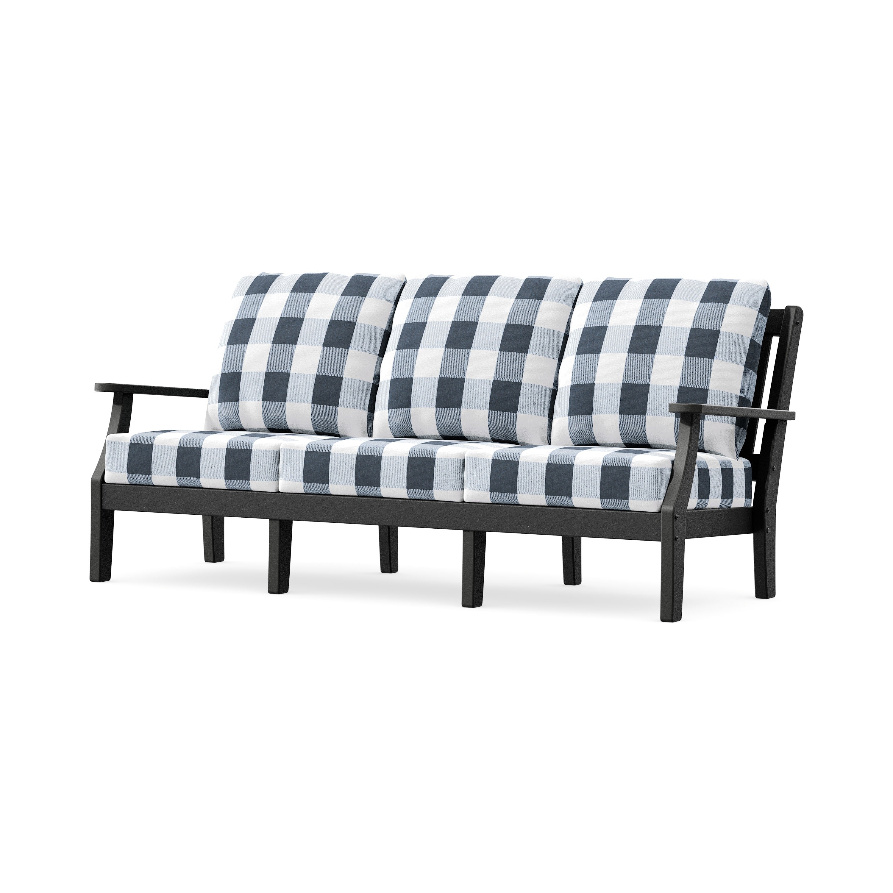 Chinoiserie Deep Seating Sofa in Black / Buffalo Plaid Marine Indigo