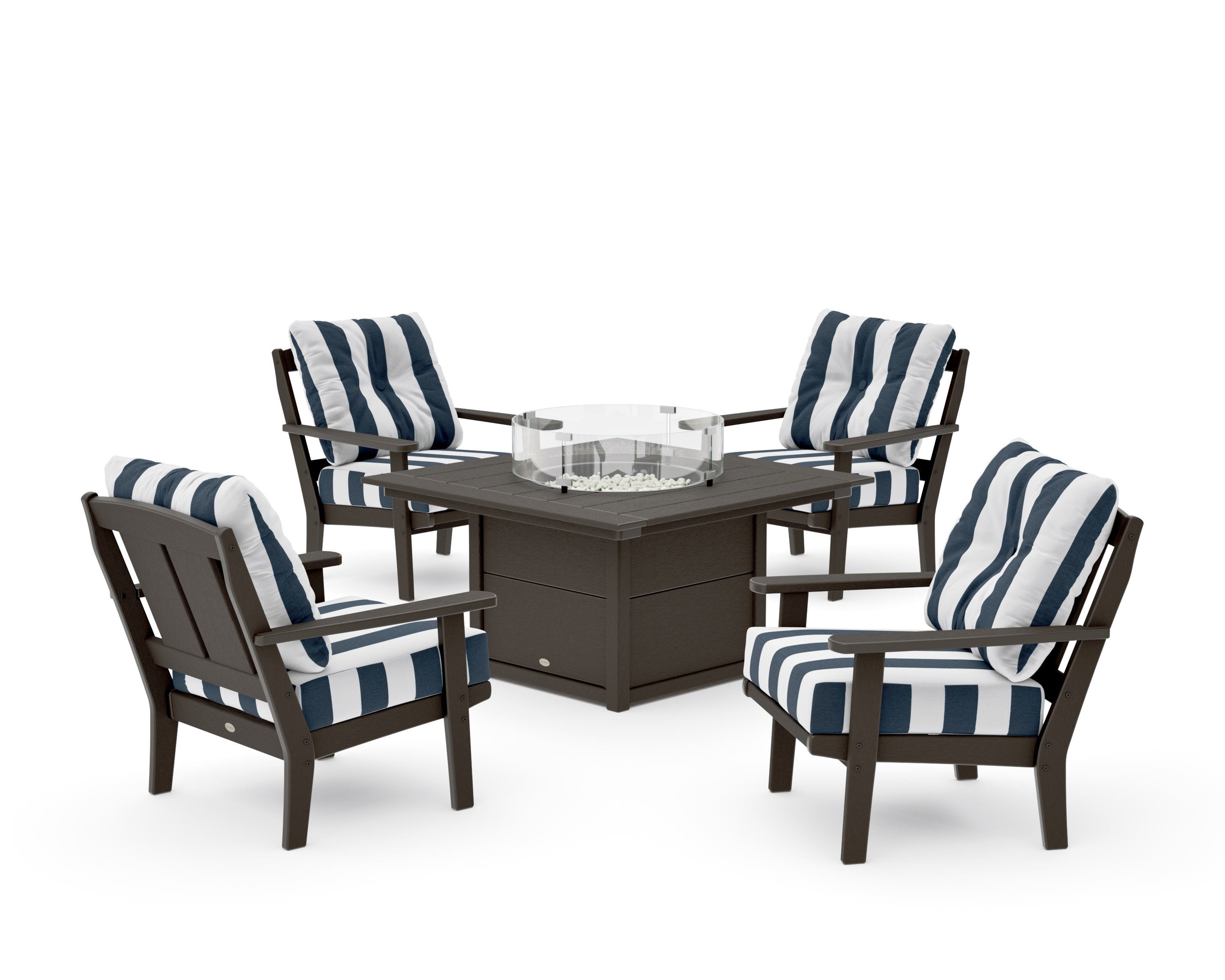 Mission 5-Piece Deep Seating Set with Fire Pit Table in Vintage Coffee / Cabana Stripe Marine Indigo