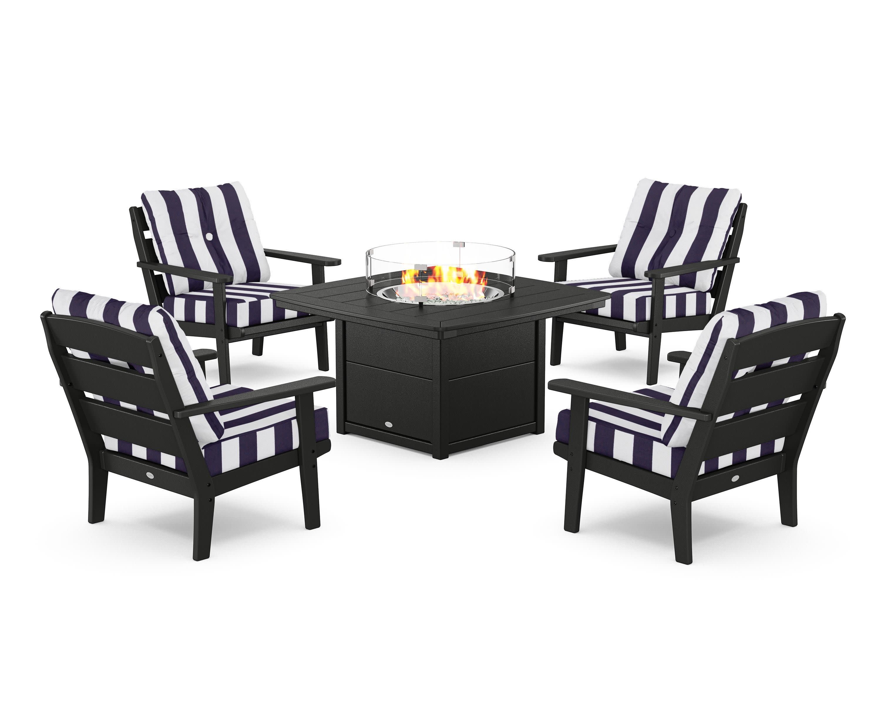 Lakeside 5-Piece Deep Seating Set with Nautical Fire Pit Table in Black / Cabana Stripe Navy