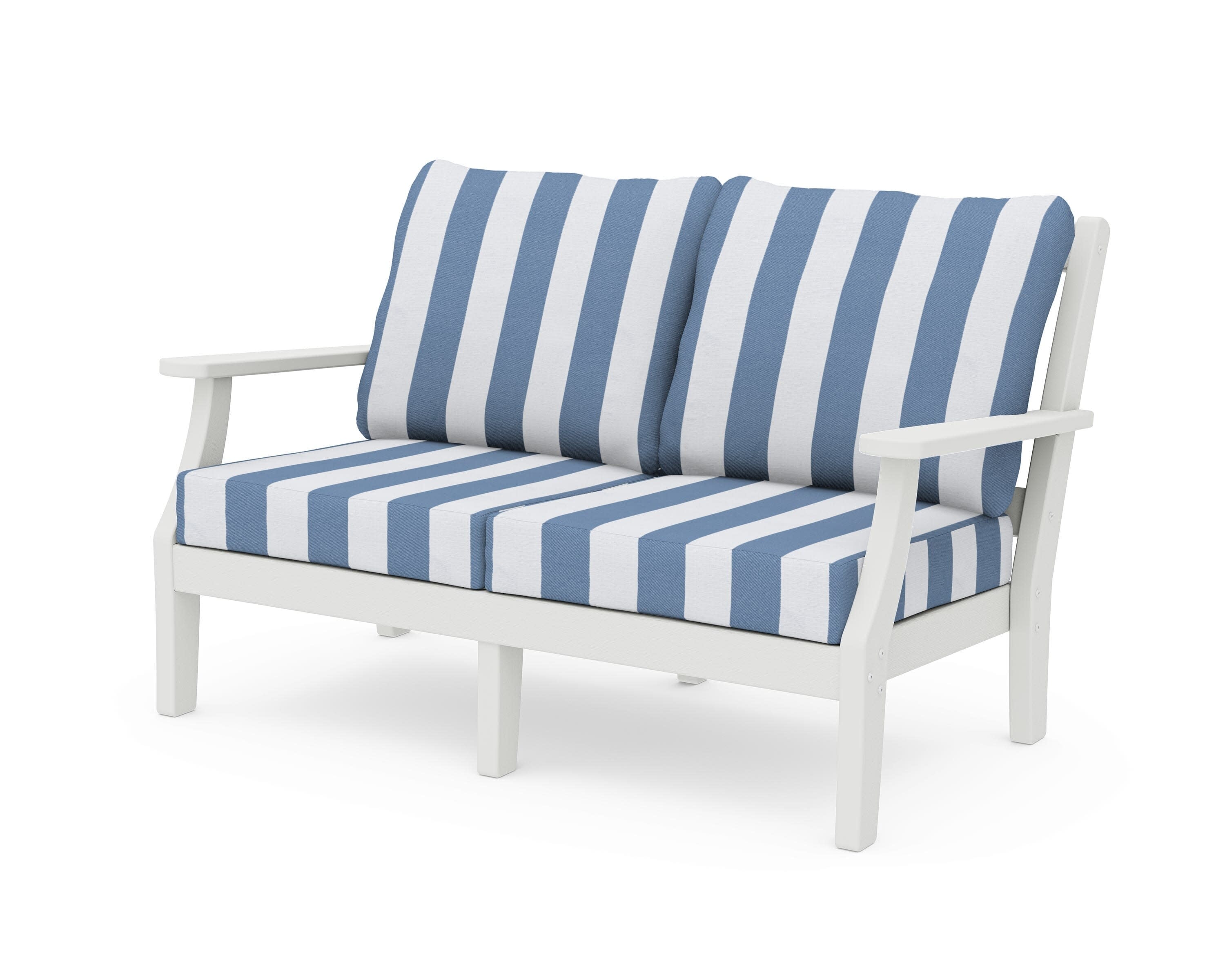 Chinoiserie Deep Seating Loveseat in Vintage White / Cabana Stripe Sky Blue