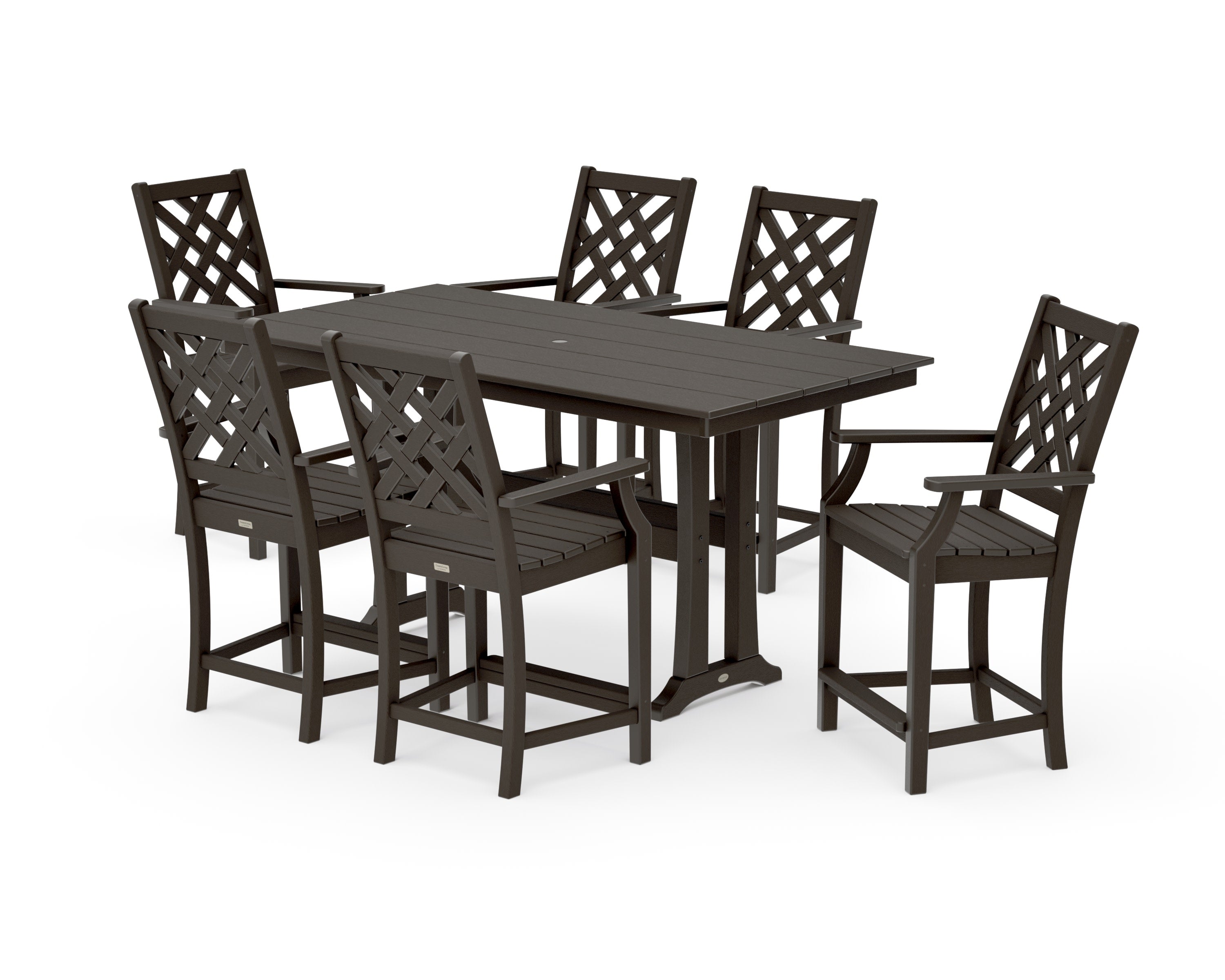 Wovendale Arm Chair 7-Piece Farmhouse Counter Set with Trestle Legs in Vintage Coffee