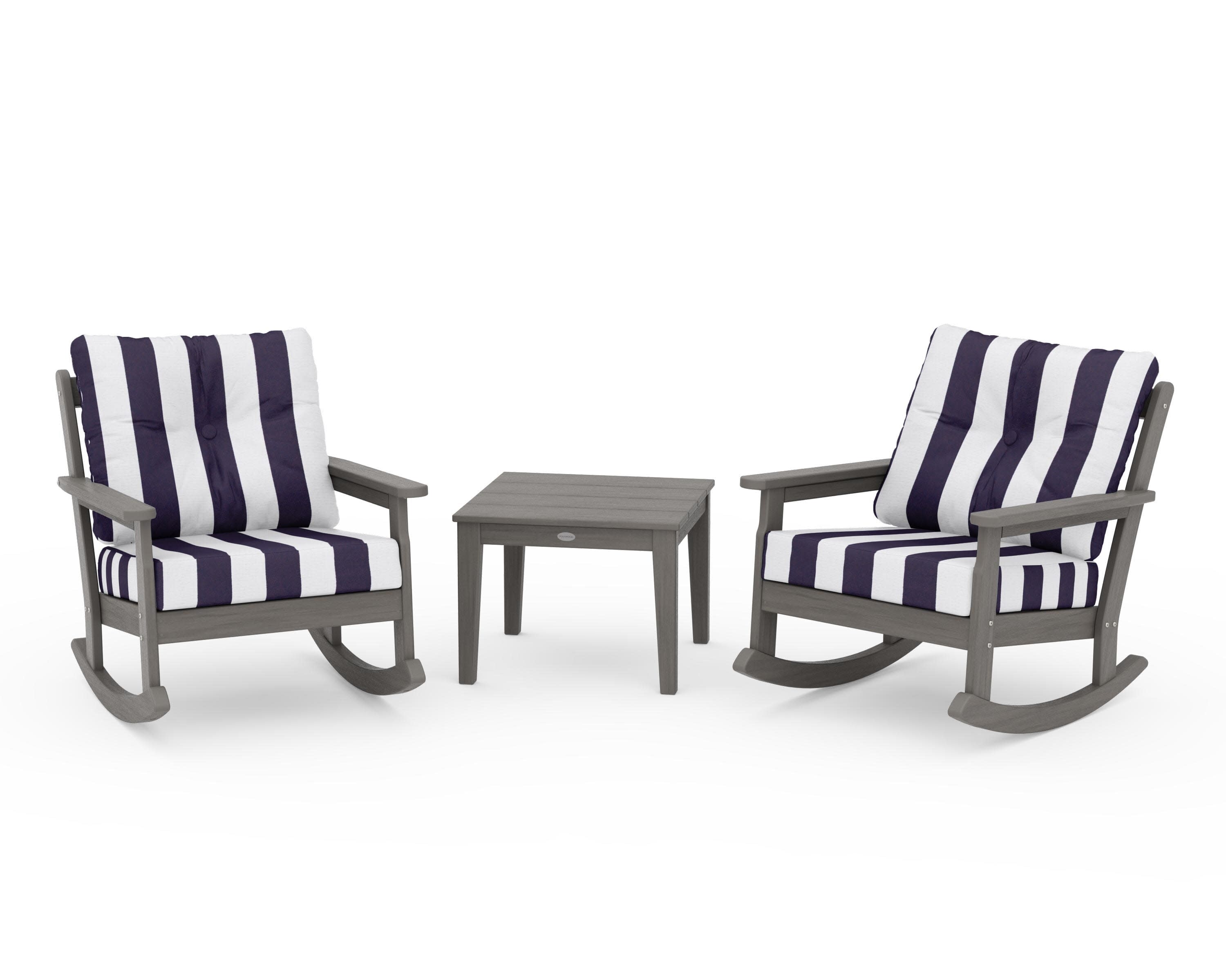 Vineyard 3-Piece Deep Seating Rocker Set in Driftwood / Cabana Stripe Navy