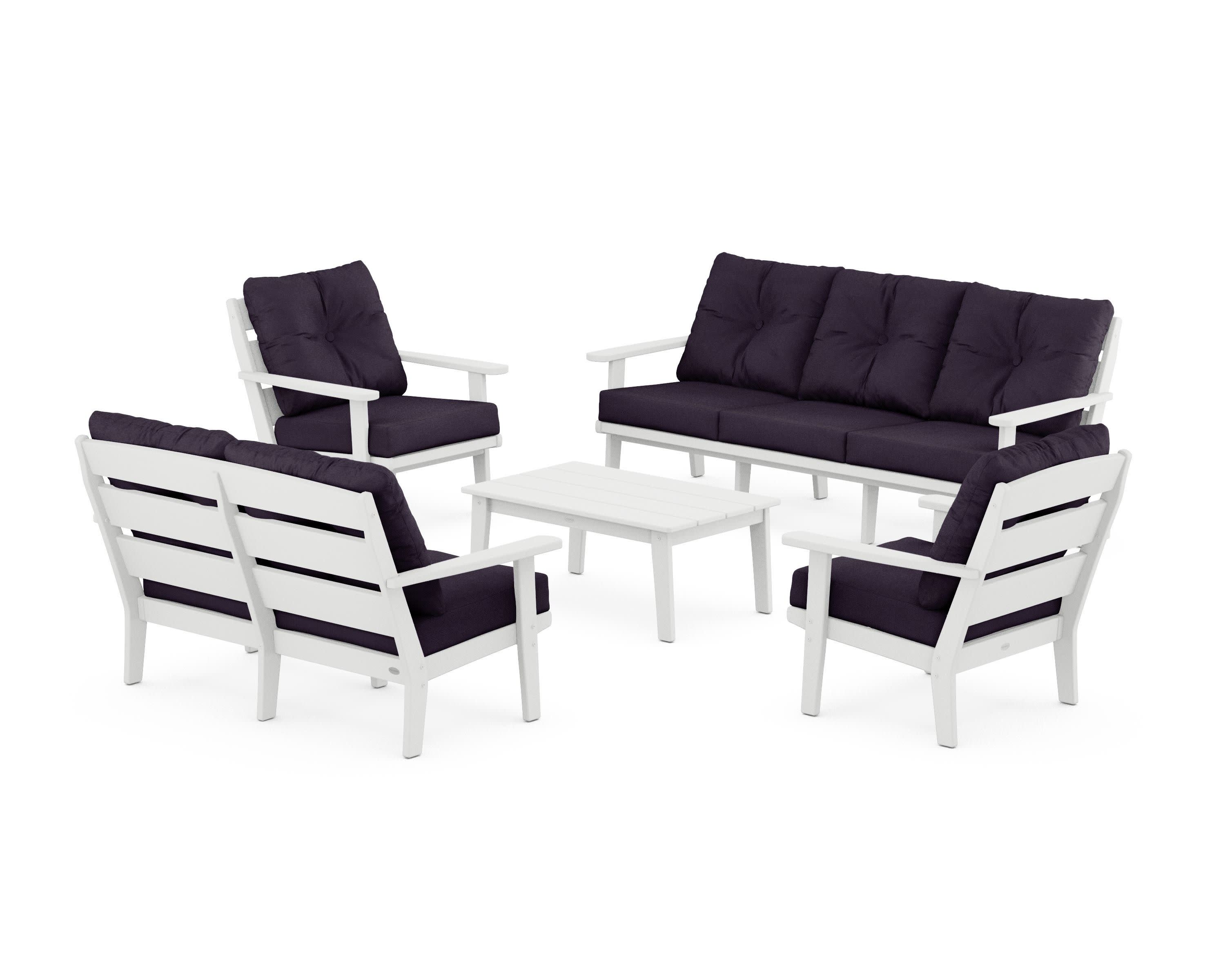 Lakeside 5-Piece Lounge Sofa Set in White / Navy Linen