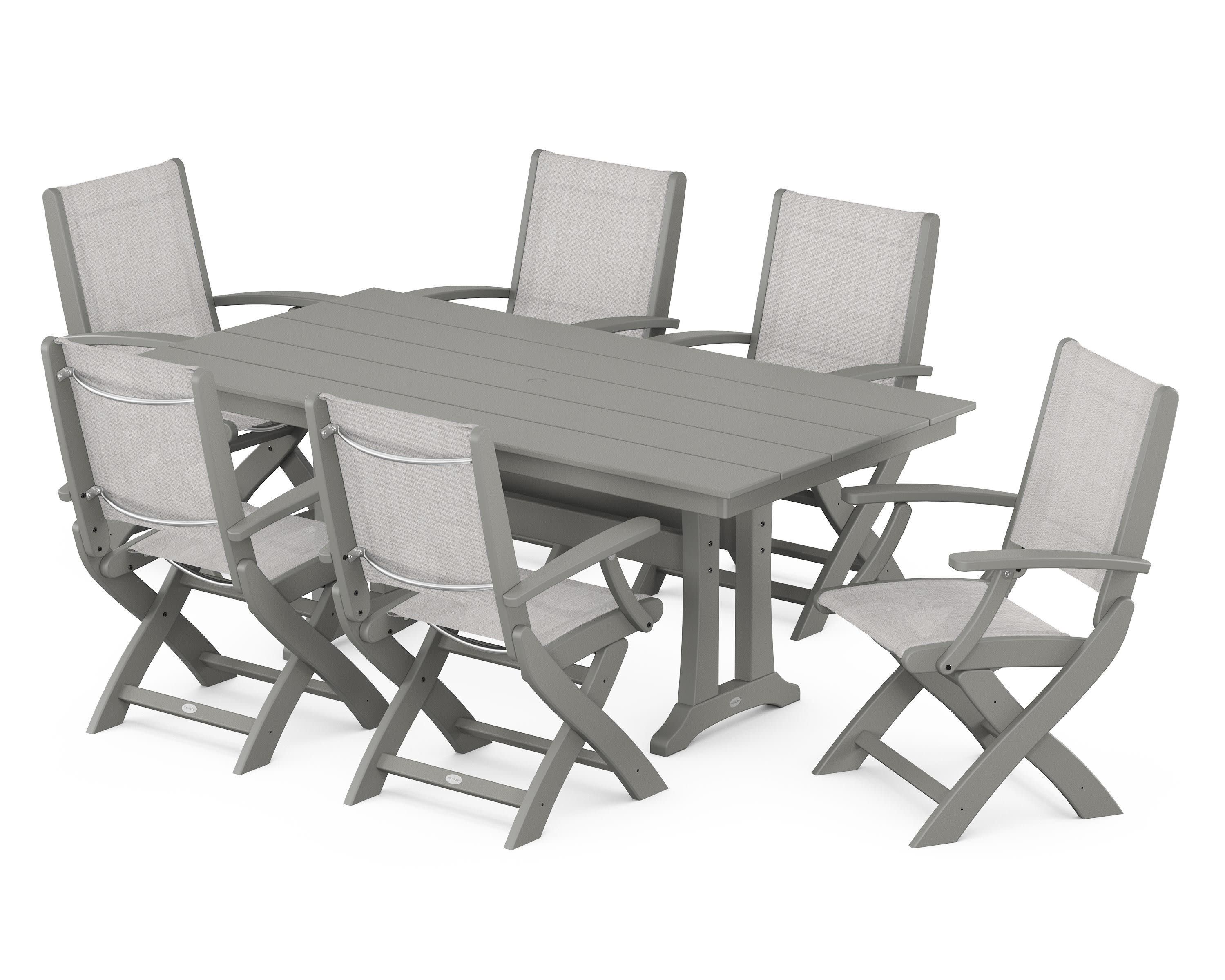 Coastal Folding Arm Chair 7-Piece Farmhouse Dining Set with Trestle Legs in Slate Grey / Parchment Sling