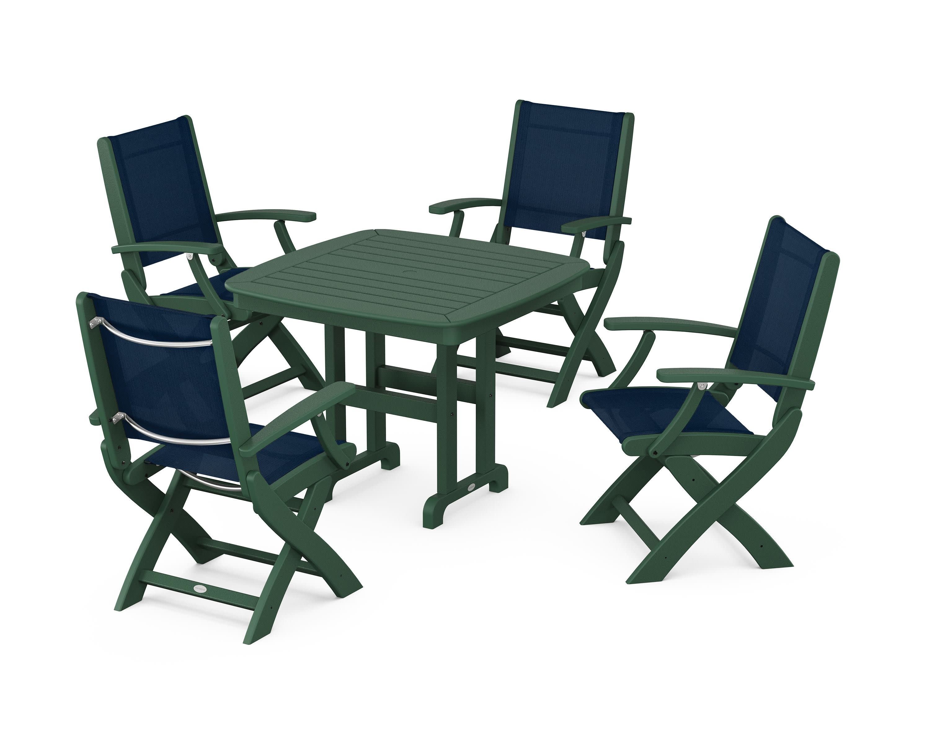 Coastal Folding Chair 5-Piece Dining Set in Green / Navy Blue Sling