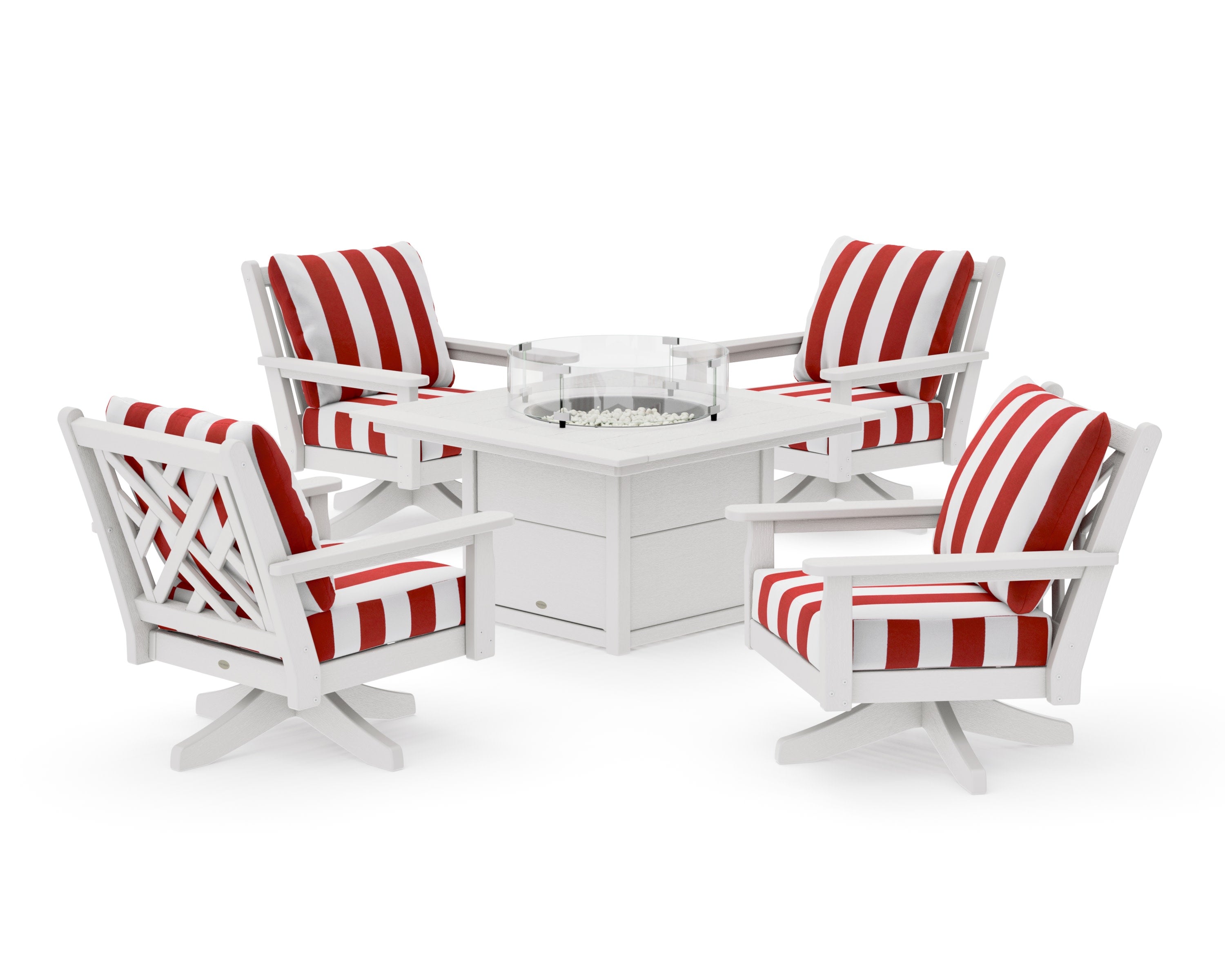 Chippendale 5-Piece Deep Seating Swivel Conversation Set with Fire Pit Table in Vintage White / Cabana Stripe Crimson