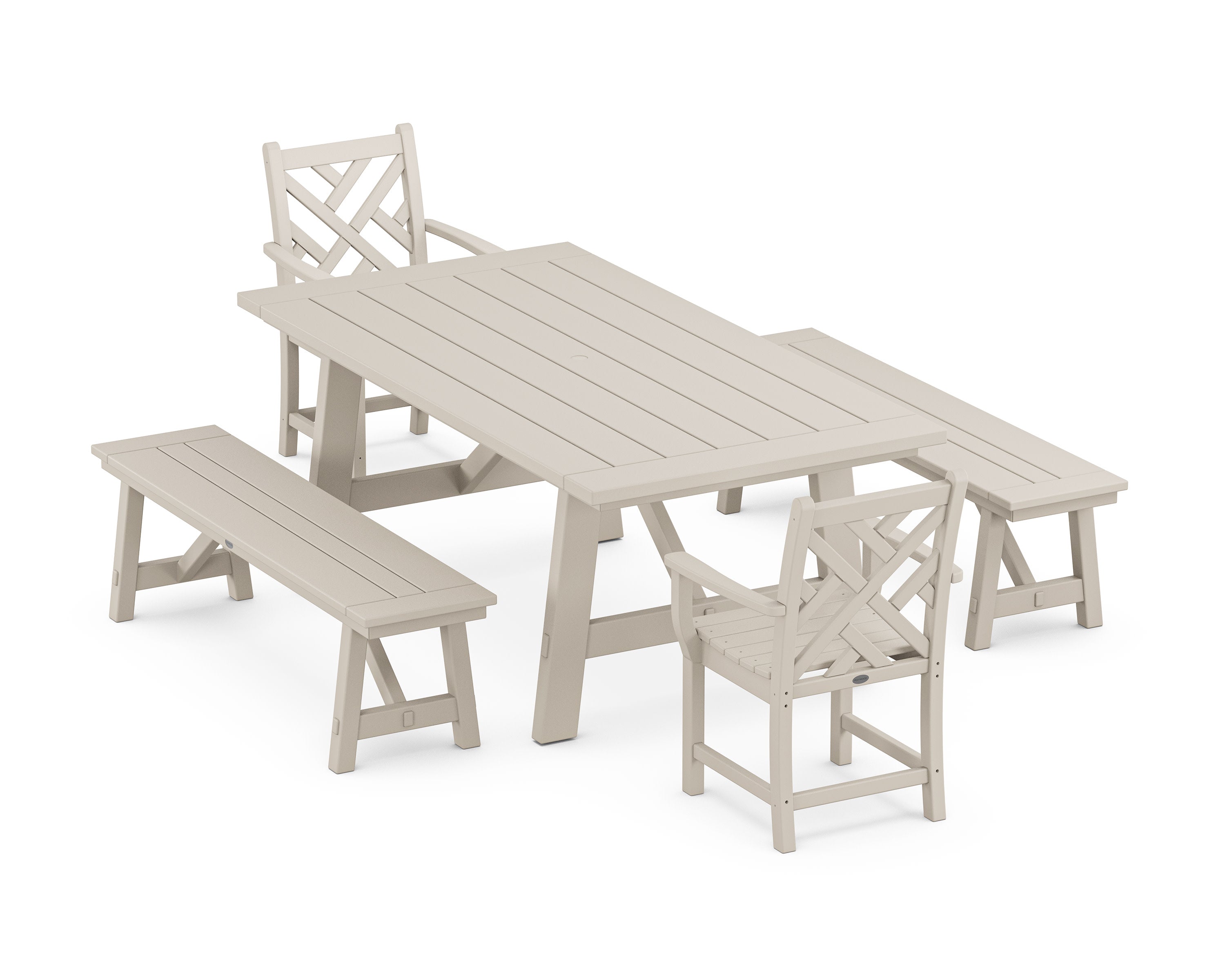 Chippendale 5-Piece Rustic Farmhouse Dining Set With Benches in Sand