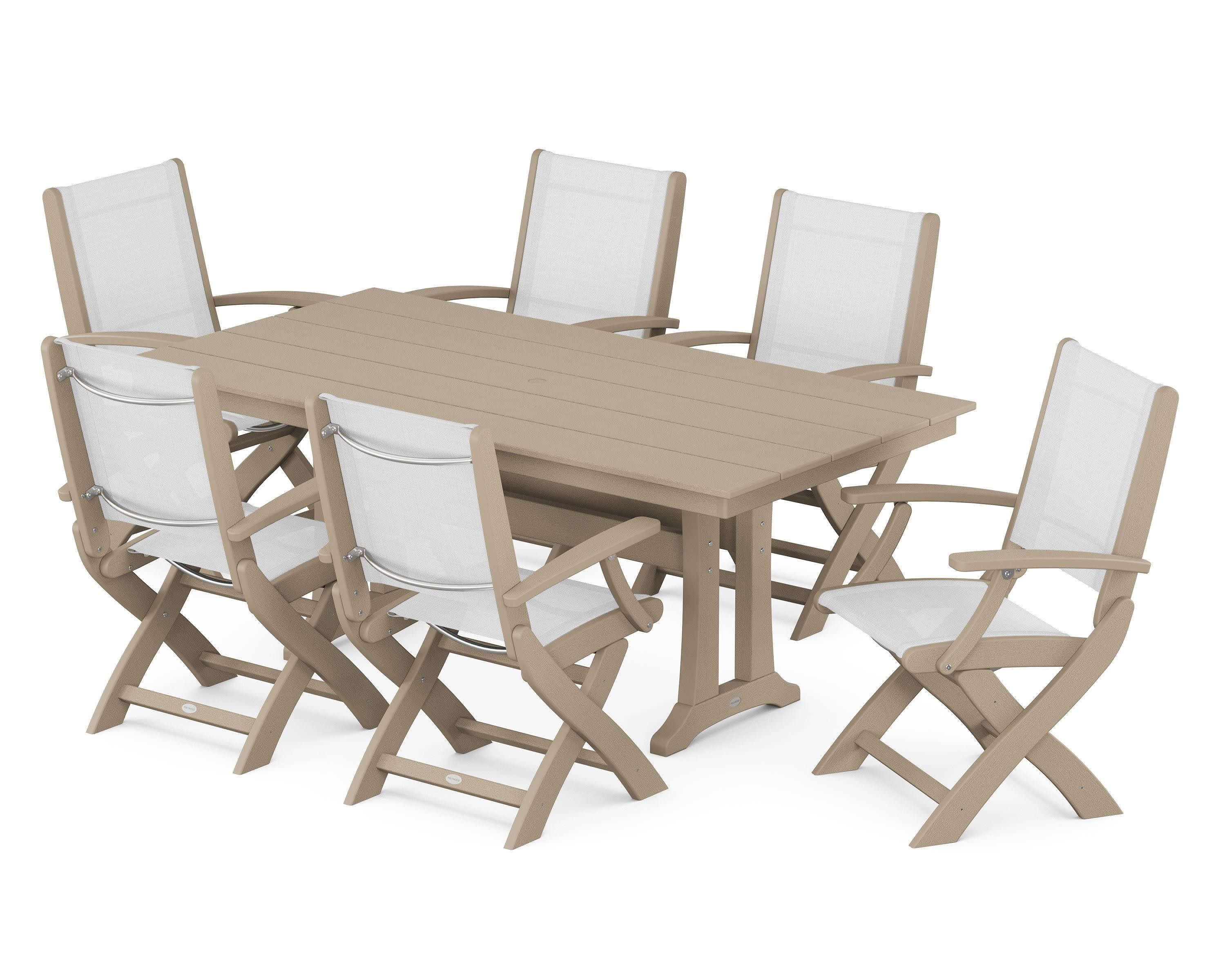 Coastal Folding Arm Chair 7-Piece Farmhouse Dining Set with Trestle Legs in Vintage Sahara / White Sling