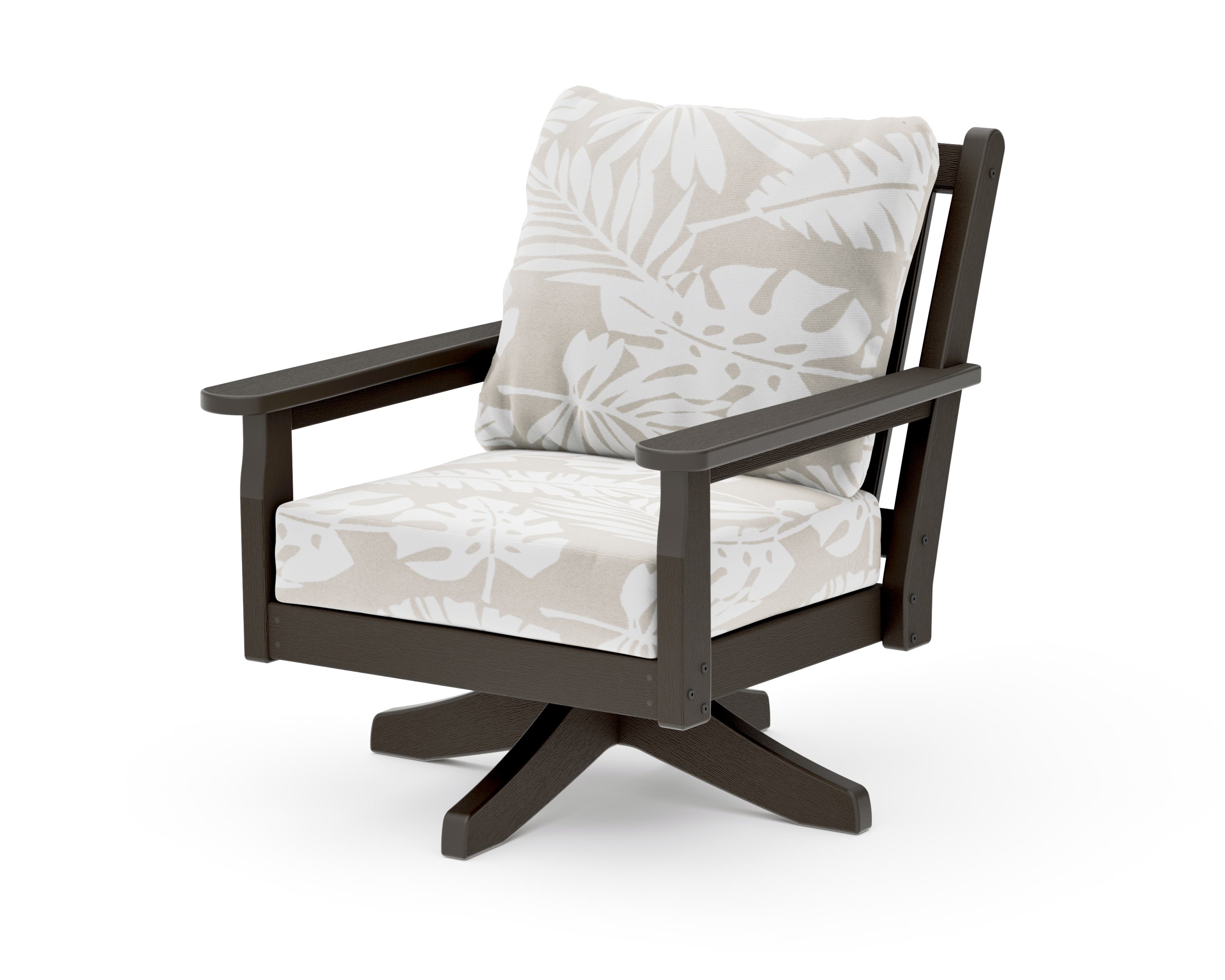 Chippendale Deep Seating Swivel Chair in Vintage Coffee / Leaf Dune Burlap