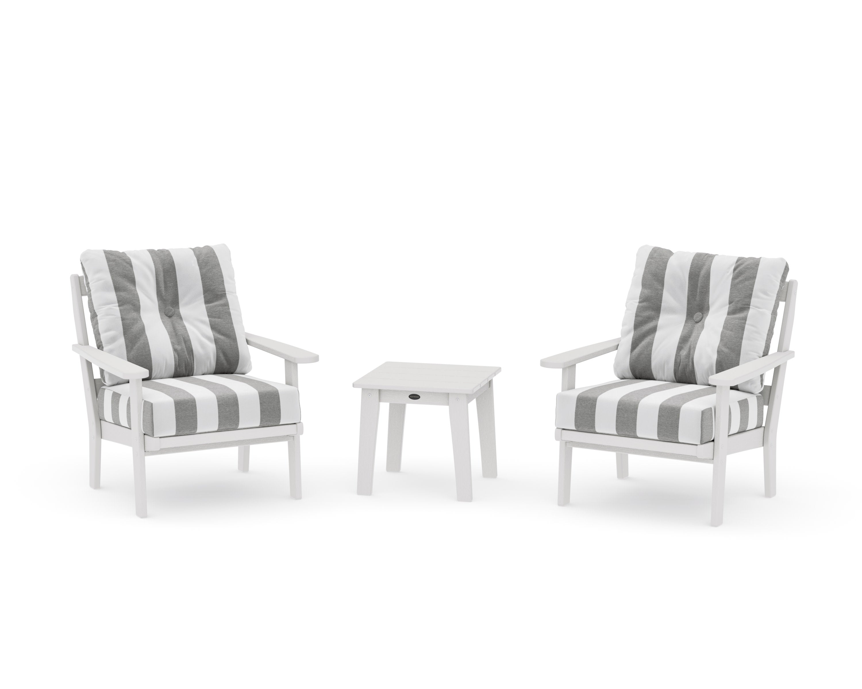 Mission 3-Piece Deep Seating Set in Vintage White / Cabana Stripe Grey Mist