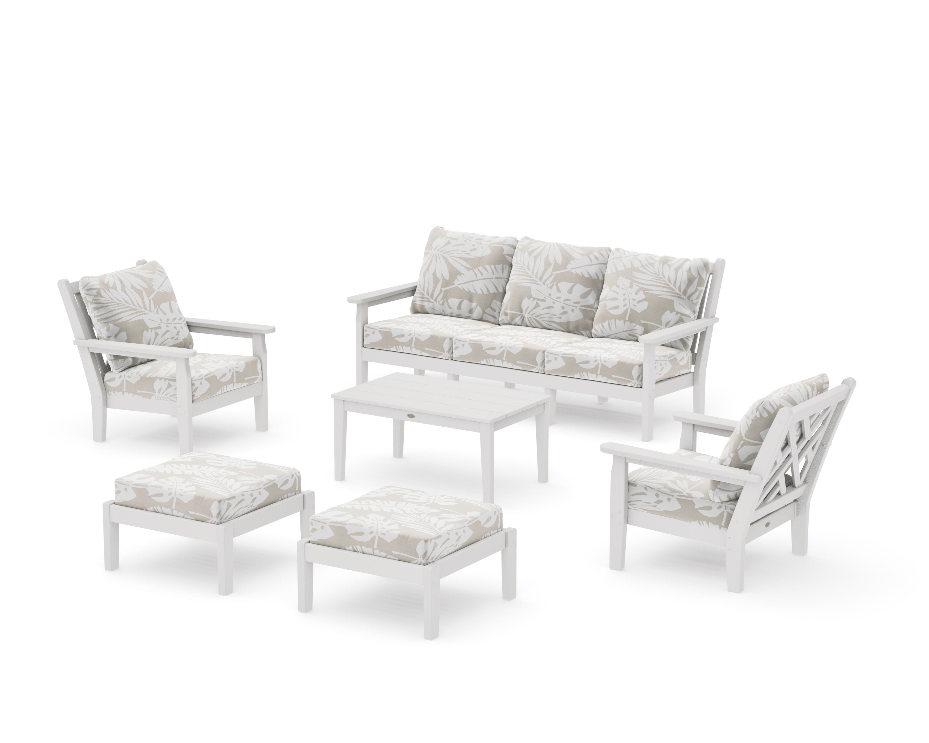 Chippendale 6-Piece Lounge Sofa Set in Vintage White / Leaf Dune Burlap