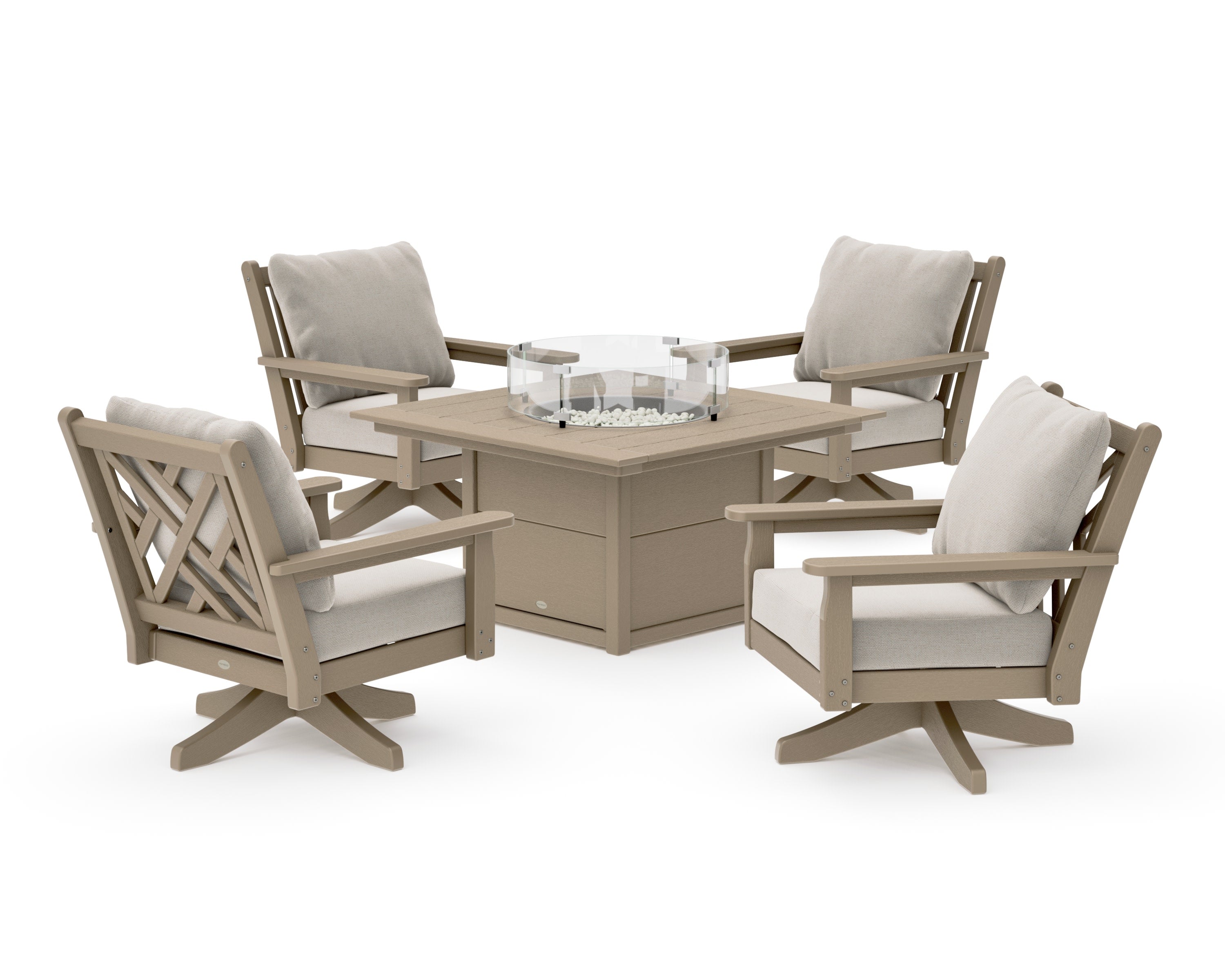 Chippendale 5-Piece Deep Seating Swivel Conversation Set with Fire Pit Table in Vintage Sahara / Dune Burlap