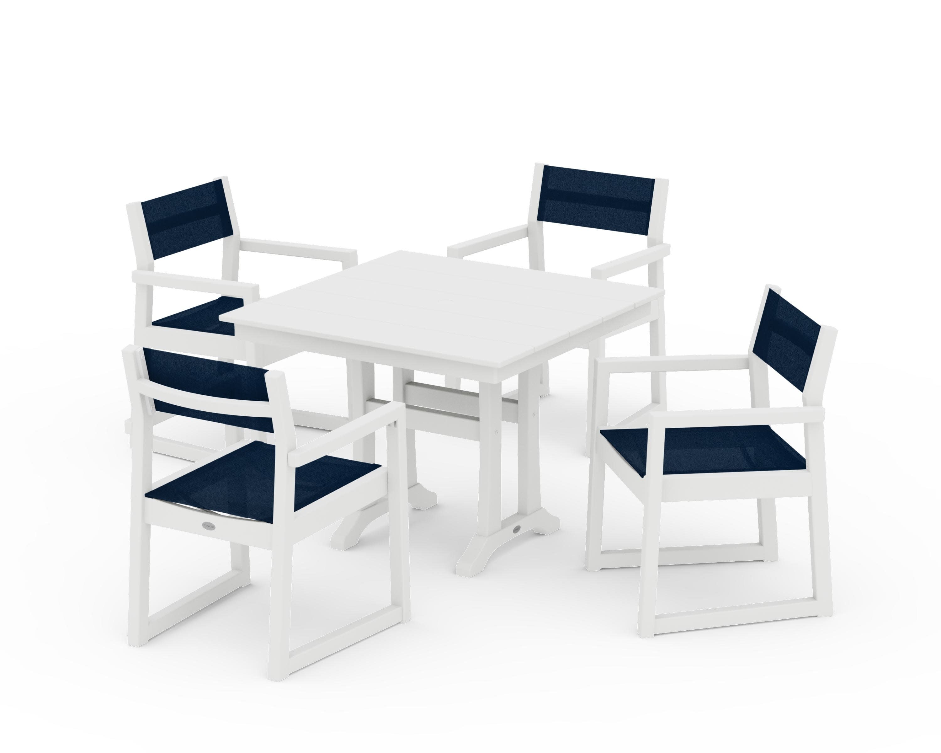 EDGE Sling 5-Piece Farmhouse Dining Set with Trestle Legs in White / Navy Blue Sling