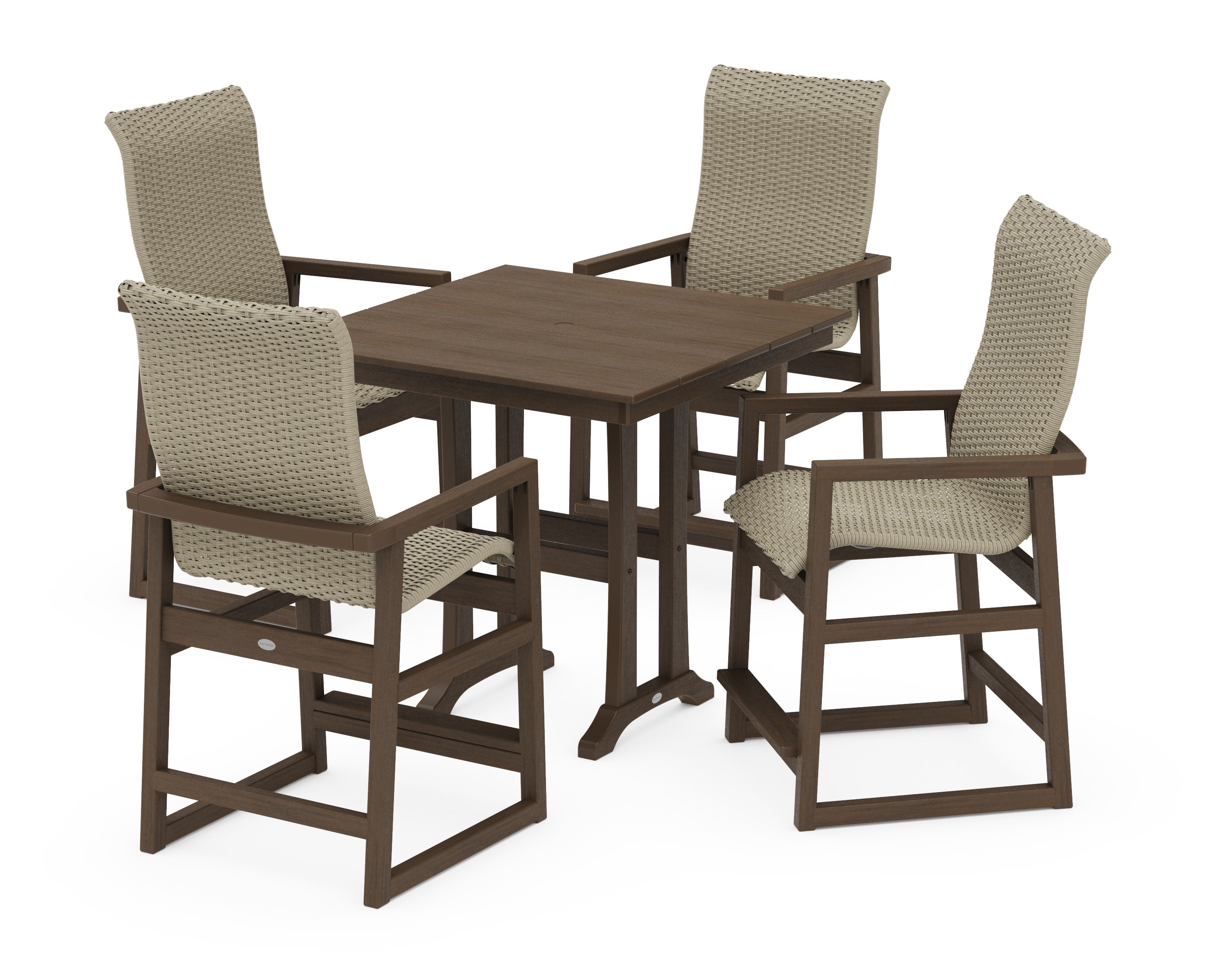 EDGE Woven Highback 5-Piece Farmhouse Counter Set with Trestle Legs in Kona / Dune Grass