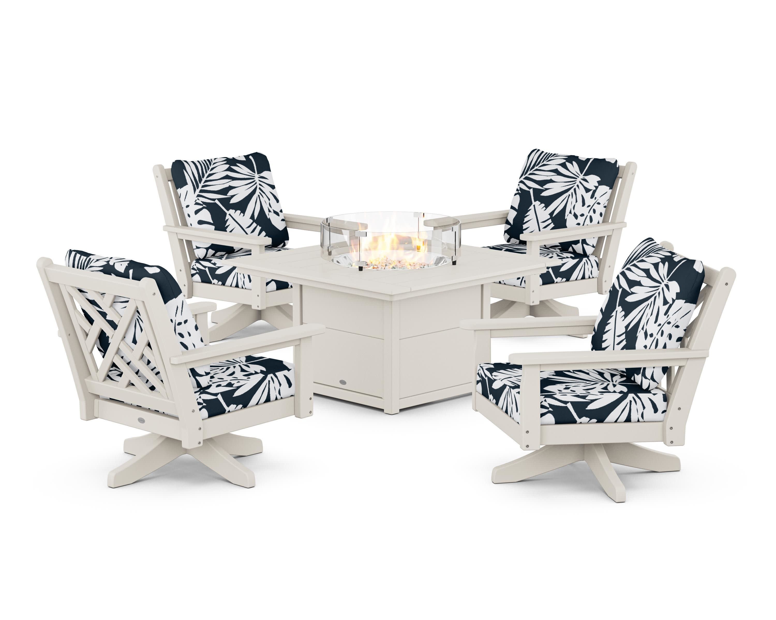 Chippendale 5-Piece Deep Seating Swivel Conversation Set with Fire Pit Table in Sand / Leaf Marine Indigo