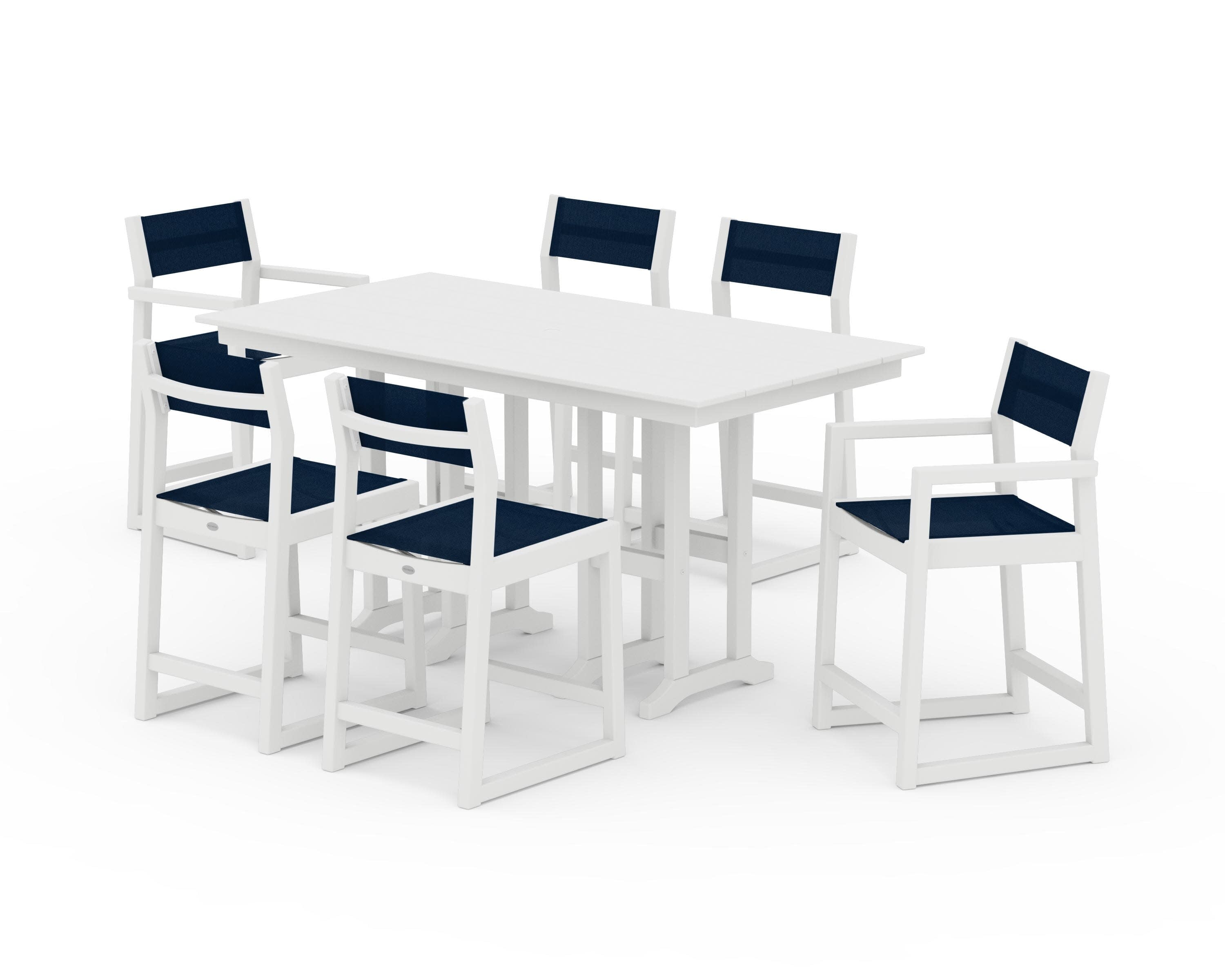 EDGE Sling 7-Piece Farmhouse Counter Set in White / Navy Blue Sling