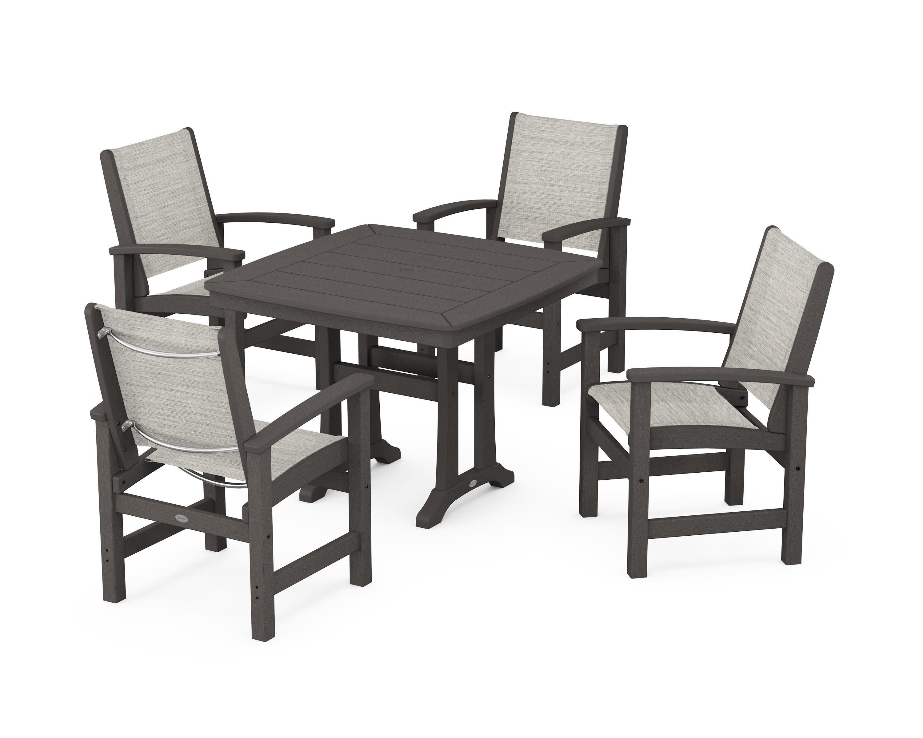 Coastal 5-Piece Dining Set with Trestle Legs in Vintage Coffee / Birch Sling