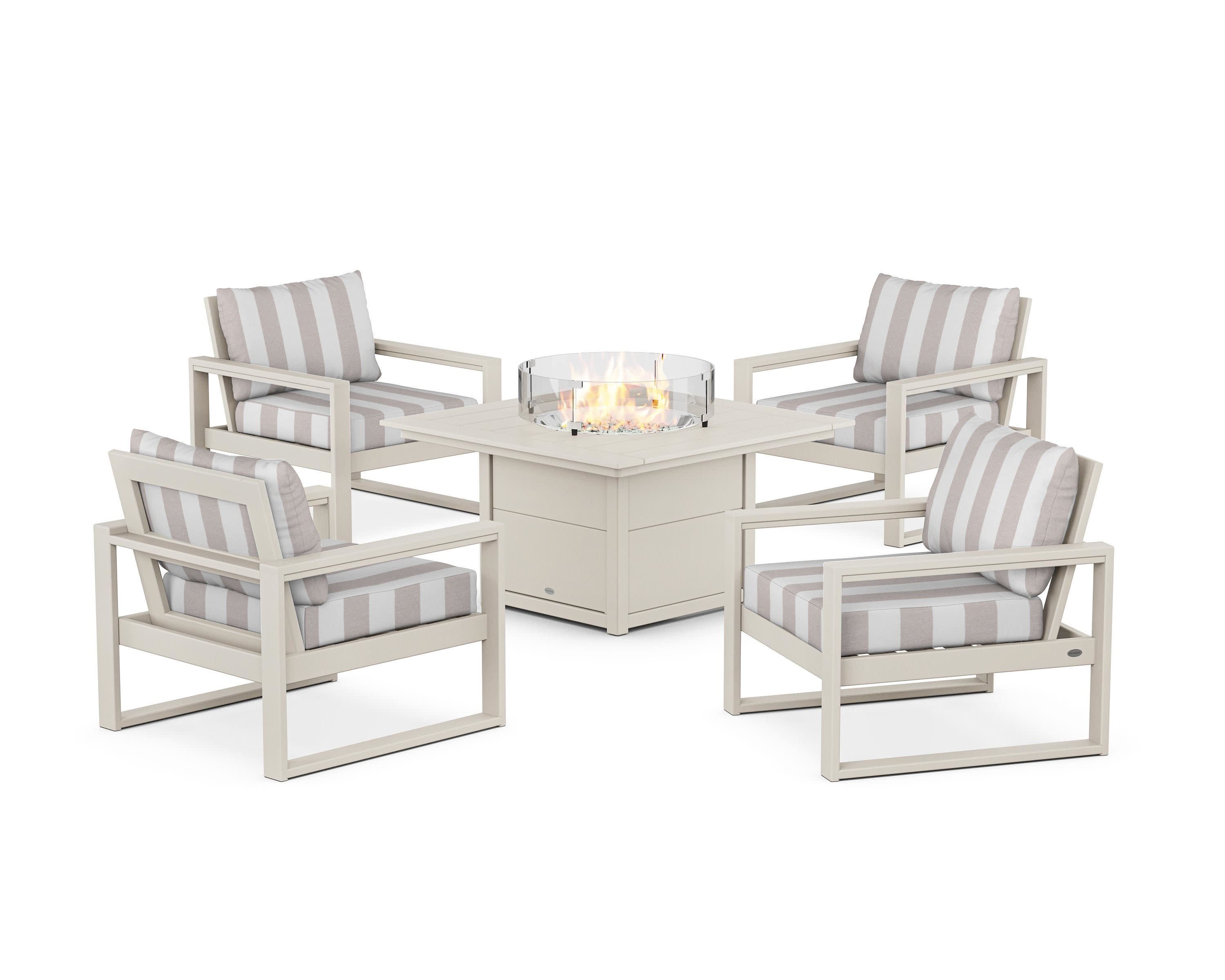 EDGE Sectional 5-Piece Deep Seating Set with Fire Pit Table in Sand / Cabana Stripe Dune Burlap