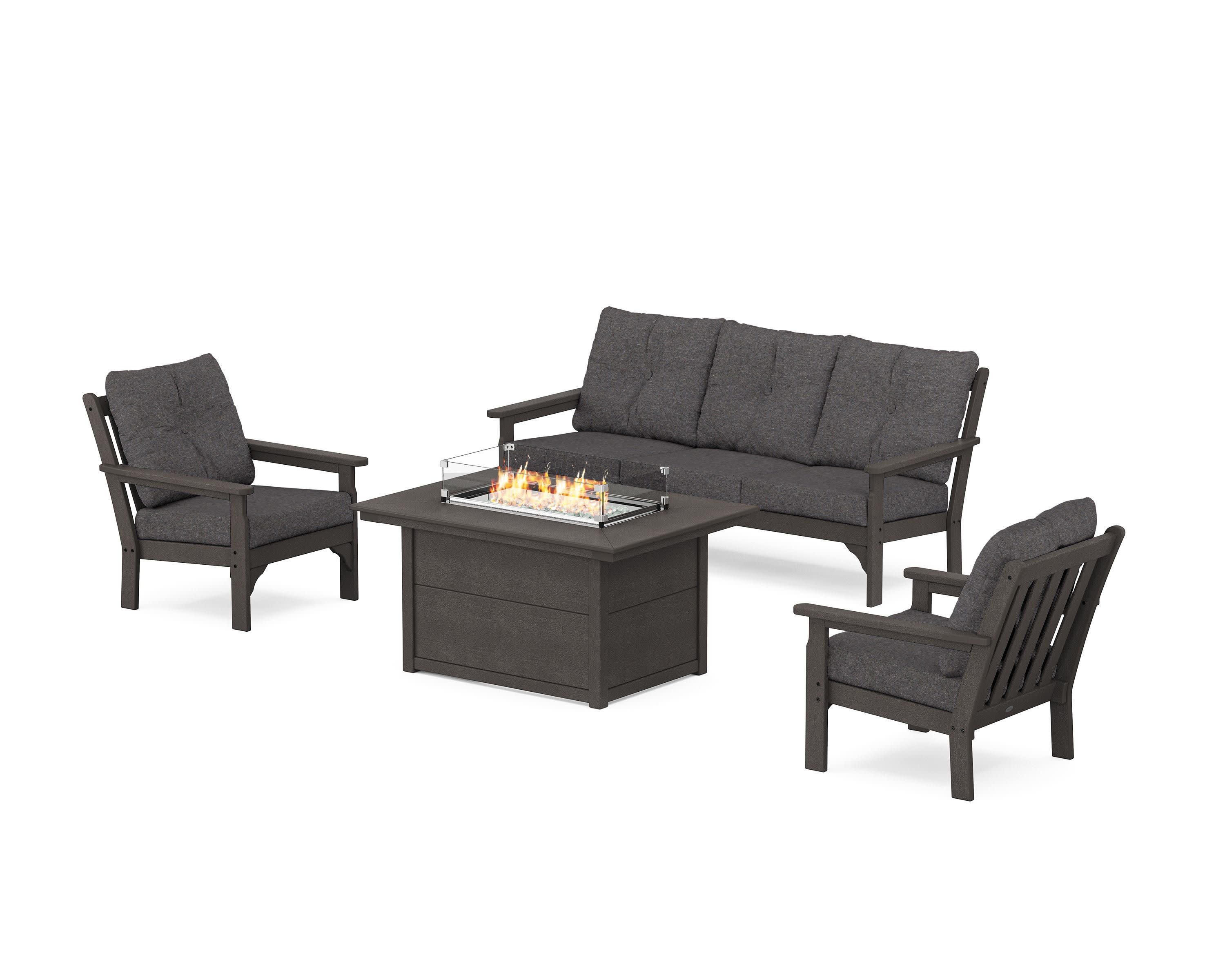 Vineyard Deep Seating Fire Pit Table Set in Vintage Coffee / Ash Charcoal