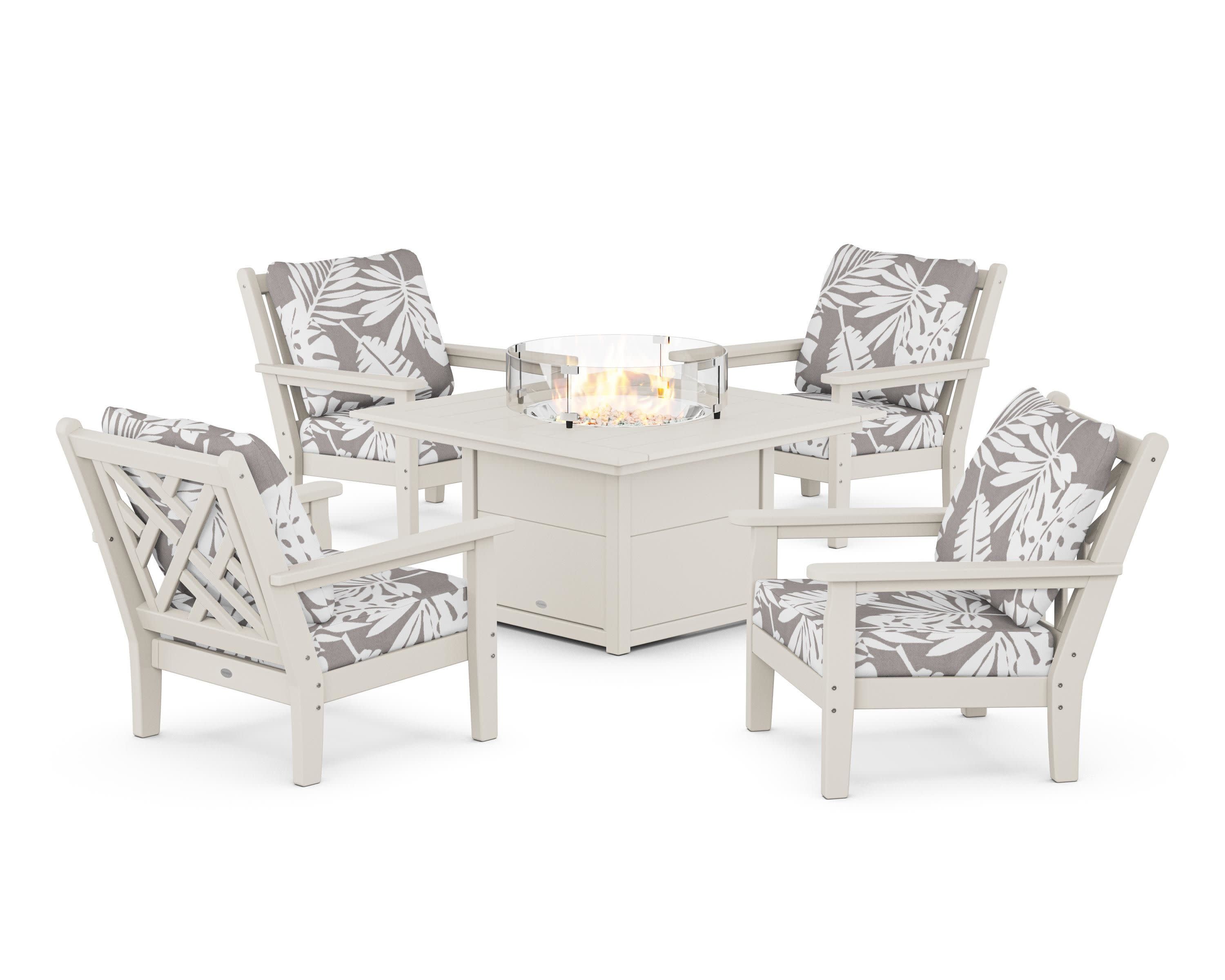 Chippendale 5-Piece Deep Seating Set with Fire Pit Table in Sand / Leaf Grey Mist