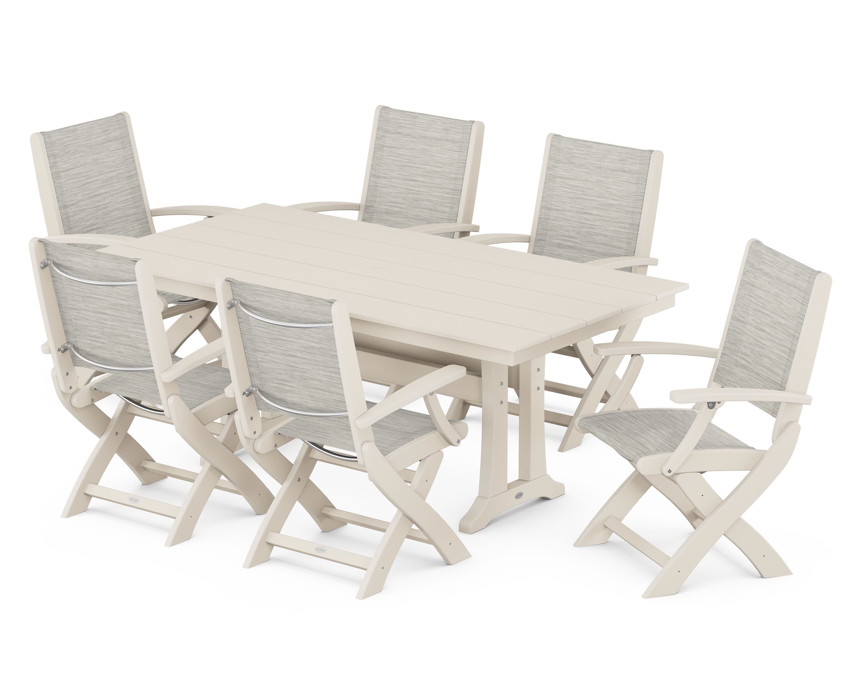 Coastal Folding Arm Chair 7-Piece Farmhouse Dining Set with Trestle Legs in Sand / Birch Sling