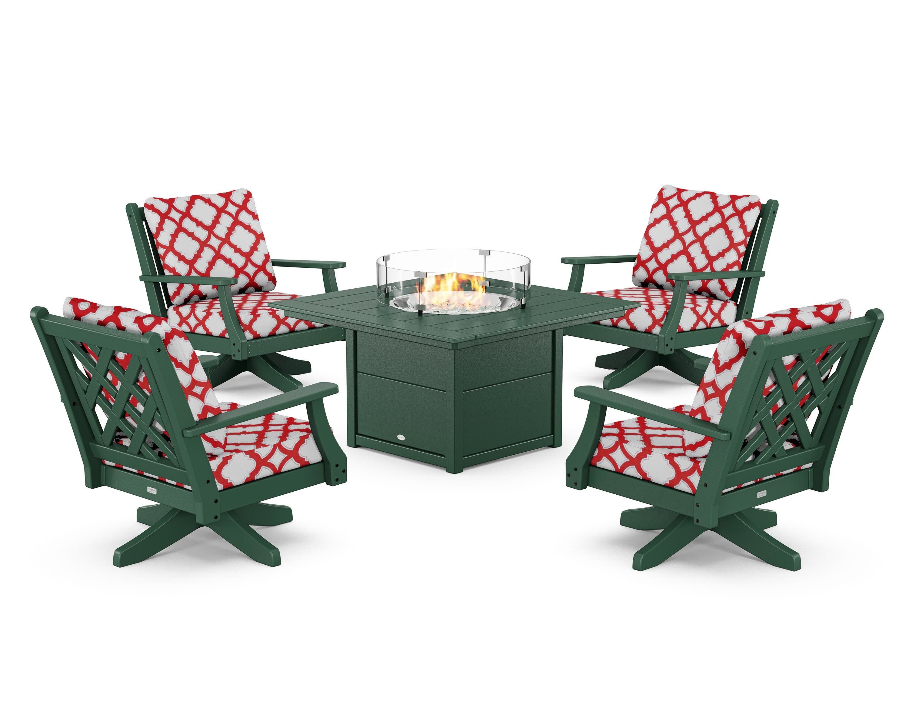 Wovendale 5-Piece Deep Seating Swivel Conversation Set with Fire Pit Table in Green / Trellis Crimson