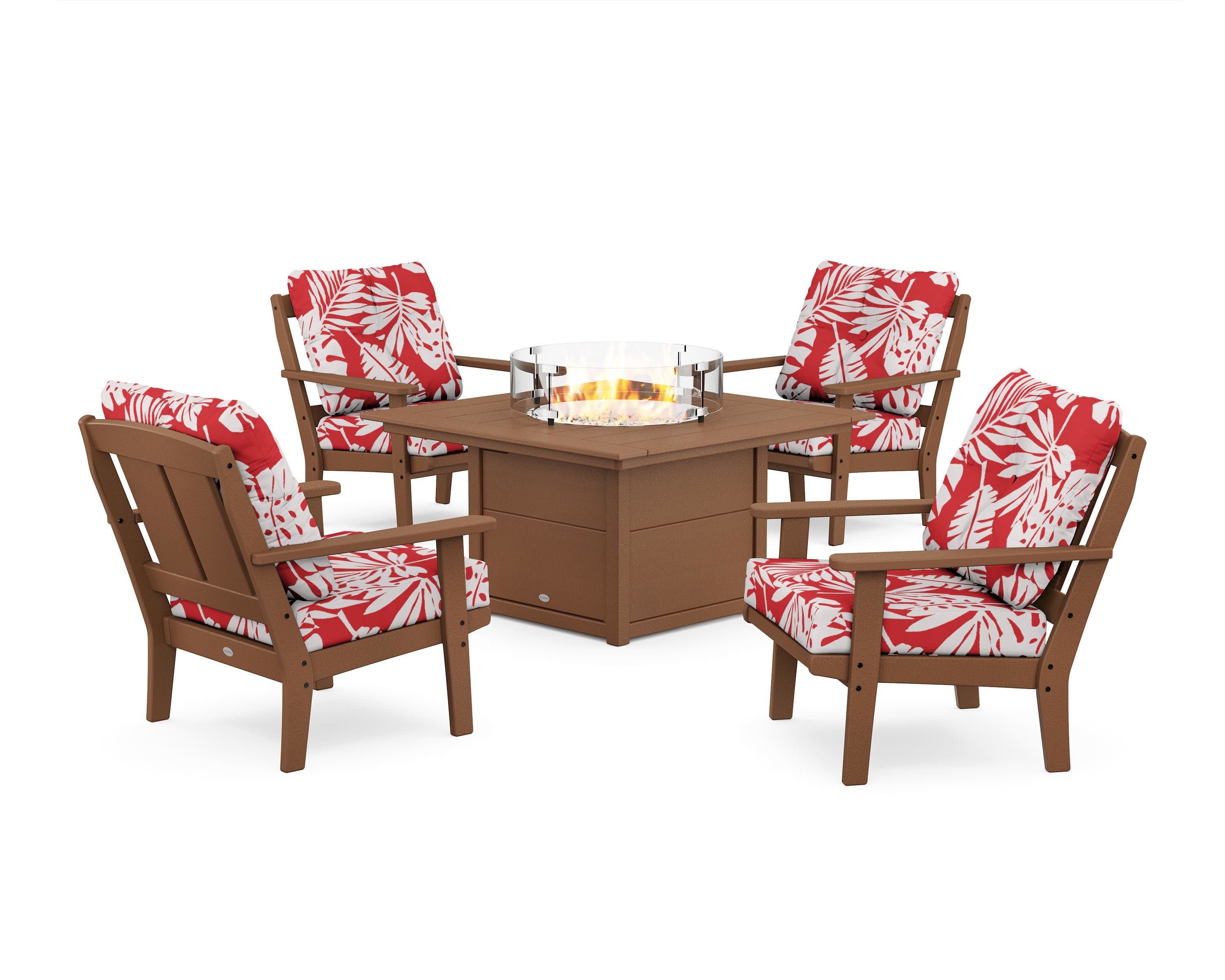 Mission 5-Piece Deep Seating Set with Fire Pit Table in Teak / Leaf Crimson
