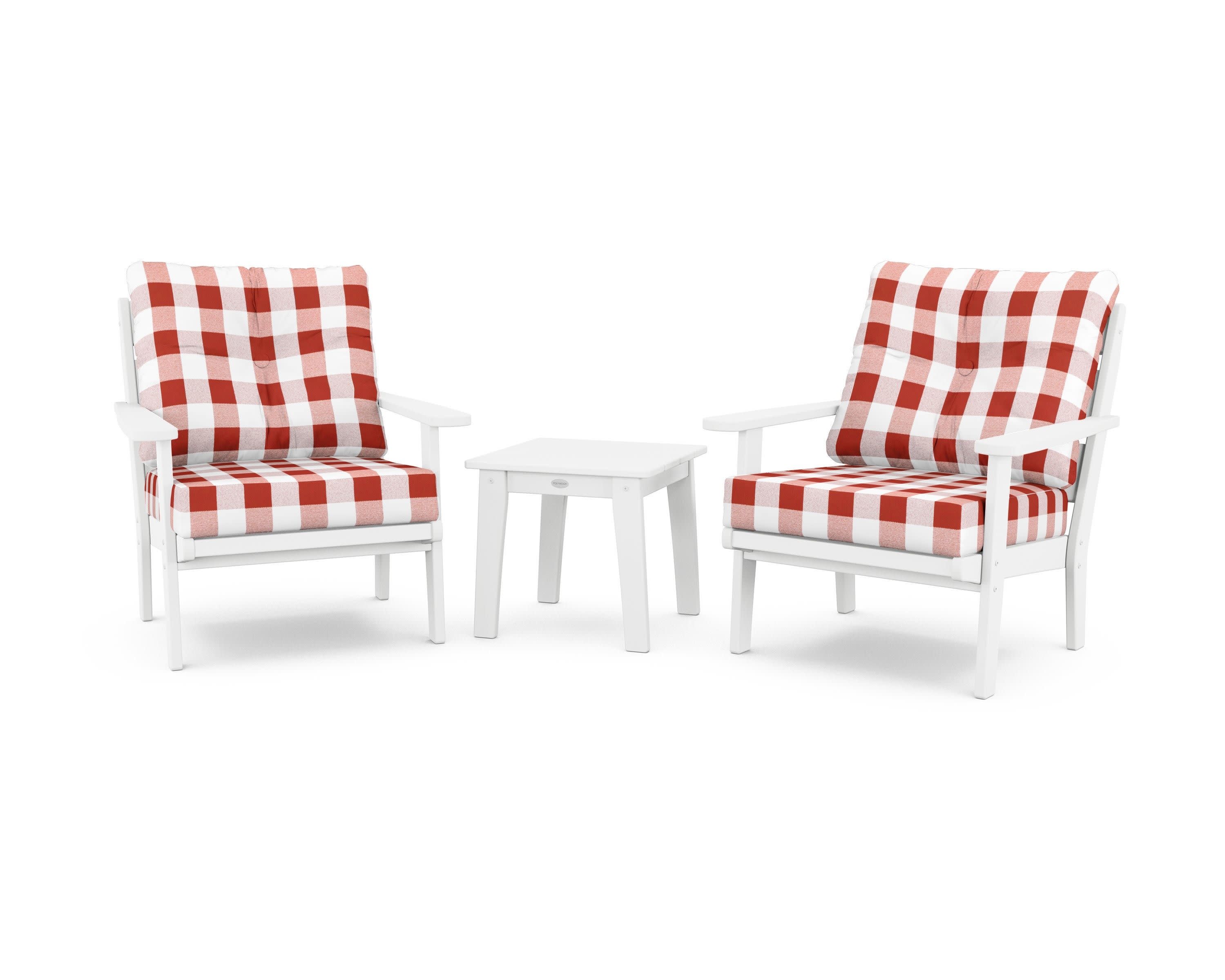Lakeside 3-Piece Deep Seating Chair Set in White / Buffalo Plaid Crimson